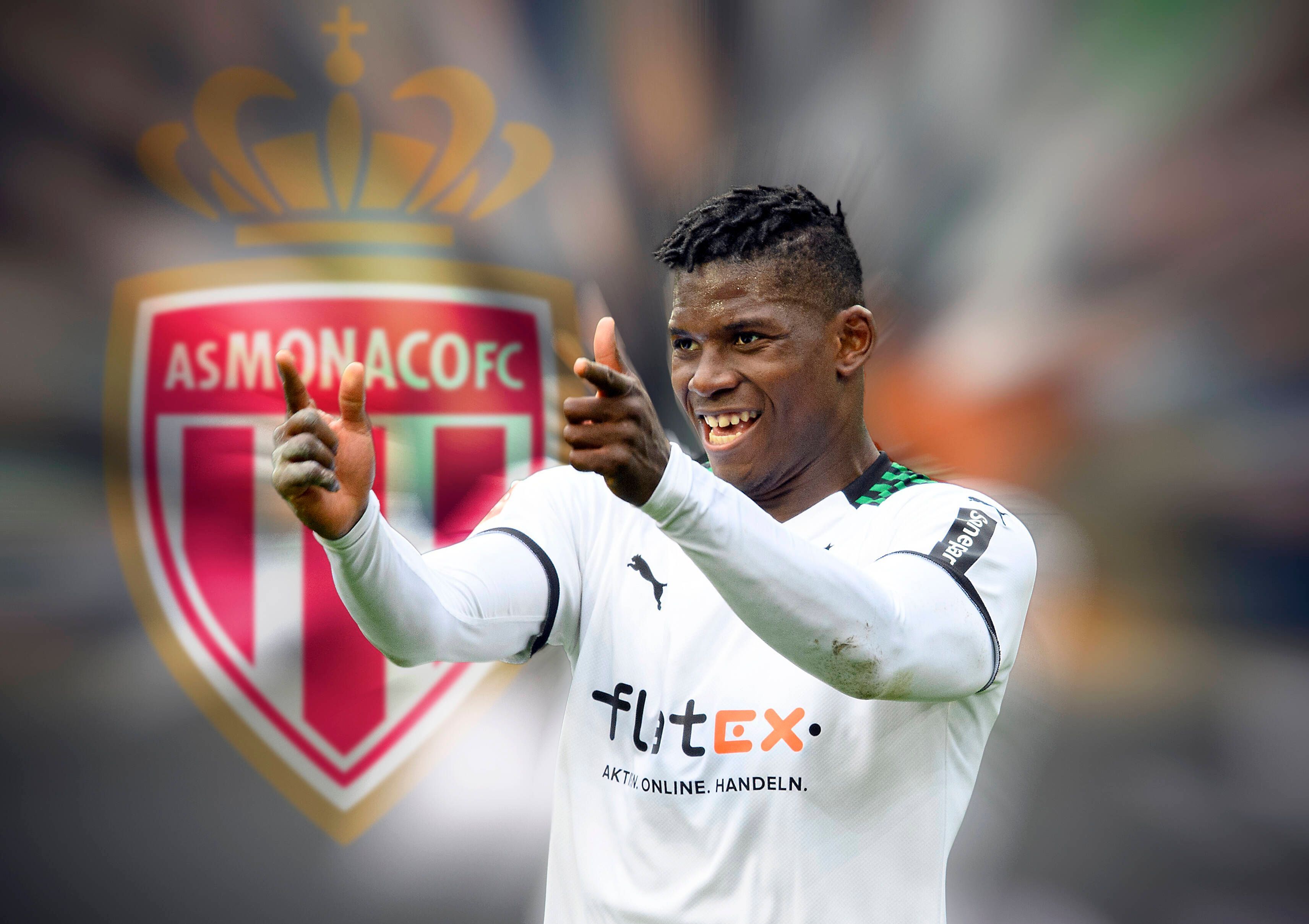 Breel Embolo von Borussia Mönchengladbach wechselt zur AS Monaco. Das Foto zeigt den Stürmer vor dem Logo der Monegassen in einer Fotomontage.