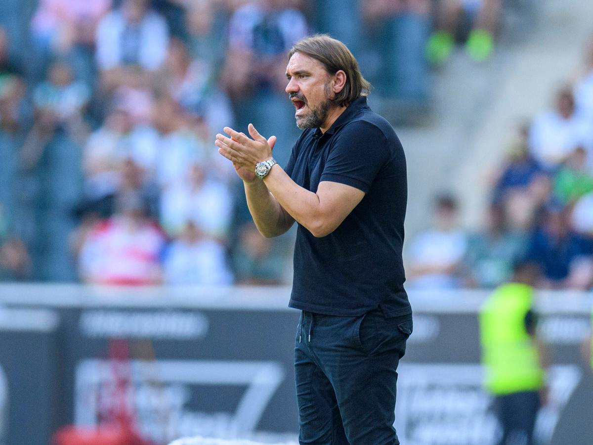 Trainer Daniel Farke beim Testspiel von Borussia Mönchengladbach gegen Real Sociedad San Sebastian am 23. Juli 2022 im Borussia-Park. Farke klatscht in die Hände und ruft etwas in Richtung des Platzes.