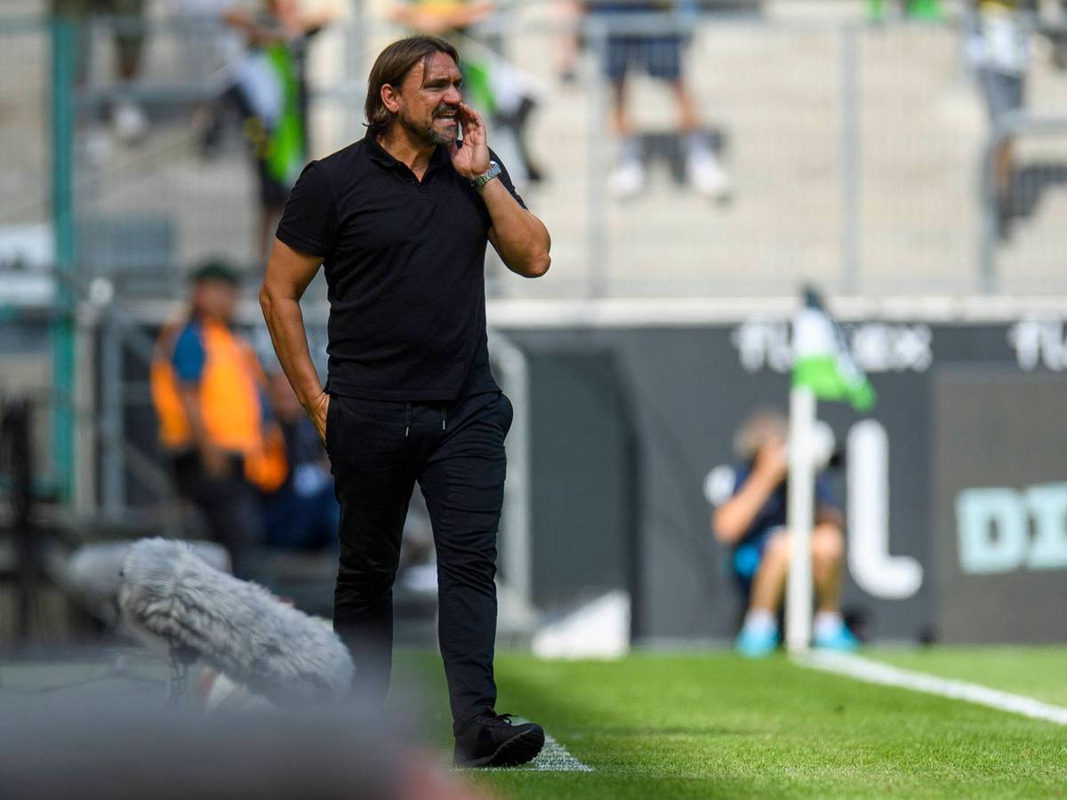 Trainer Daniel Farke beim Testspiel von Borussia Mönchengladbach gegen Real Sociedad San Sebastian am 23. Juli 2022 im Borussia Park. Farke hat die linke Hand am Mund und ruft Anweisungen aufs Spielfeld.