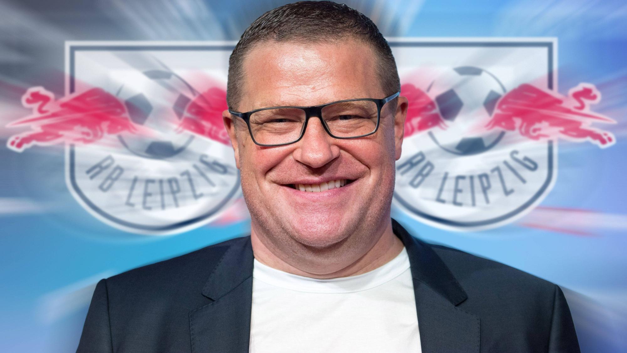 FOTOMONTAGE: Medien: Eberl verhandelt mit RB Leipzig. Max EBERL, Max Eberl, Ex-Manager von Borussia Mönchengladbach, soll vor einem baldigen Bundesliga-Comeback stehen. Das Foto zeigt ihn vor dem Logo der „Roten Bullen“ in einer Fotomontage.