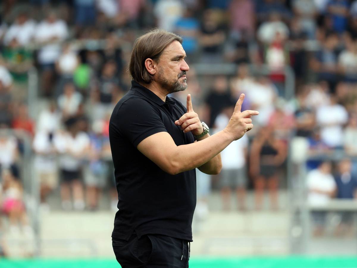 Gladbach-Trainer Daniel Farke, auf diesem Foto am 31. Juli 2022 am Rande der DFB-Pokal-Partie gegen SV Oberachern im Freiburger Dreisamstadion zu sehen. Farke gestikuliert mit den Händen und Fingern.