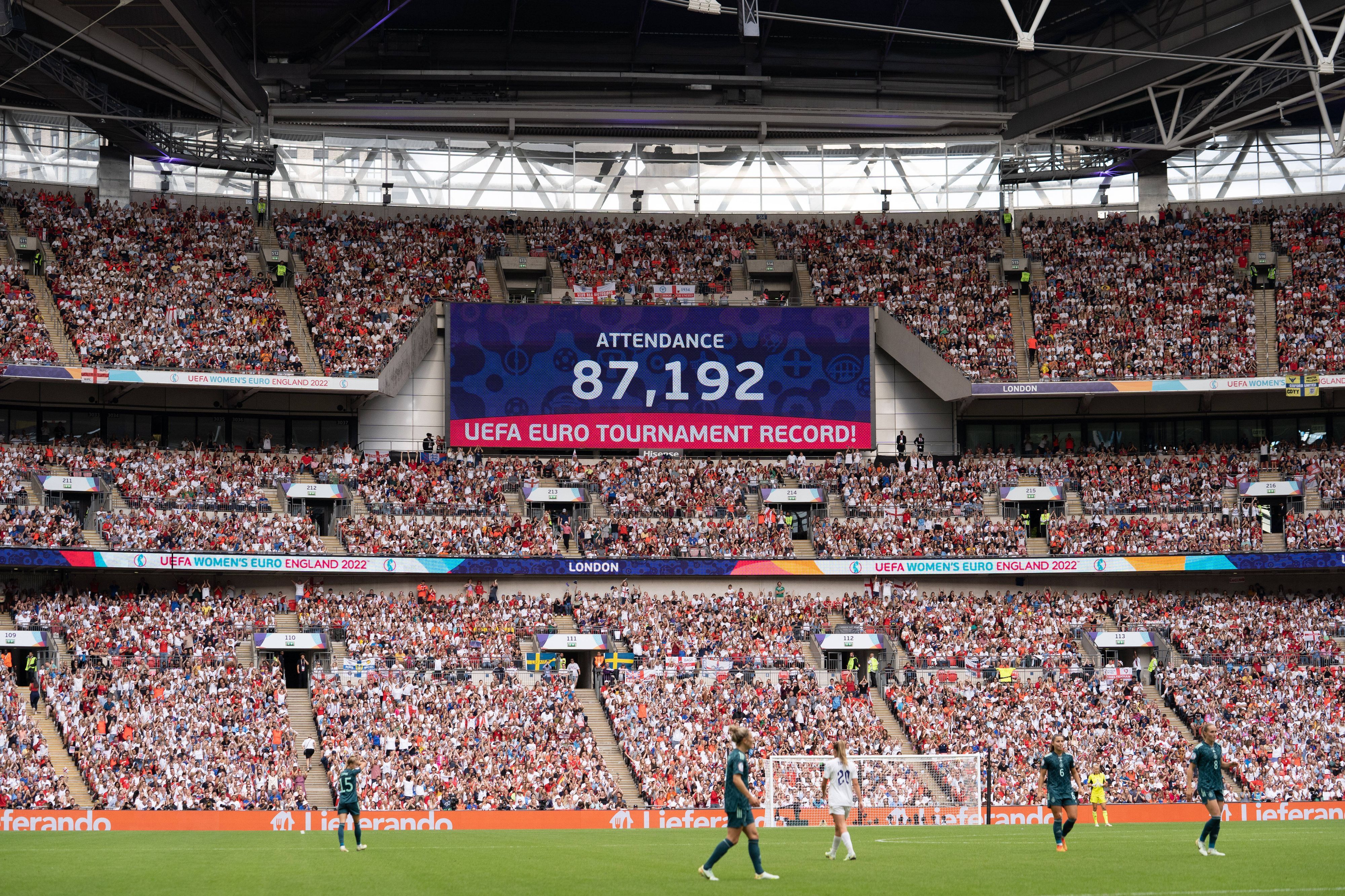 Die riesige Videotafel im Londoner Wembley-Stadion zeigt die Zuschauerzahl beim Finale der UEFA-Frauen-Europameisterschaft zwischen England und Deutschland (31. Juli 2022) an. Die Zahl 87.192 ist zu sehen.