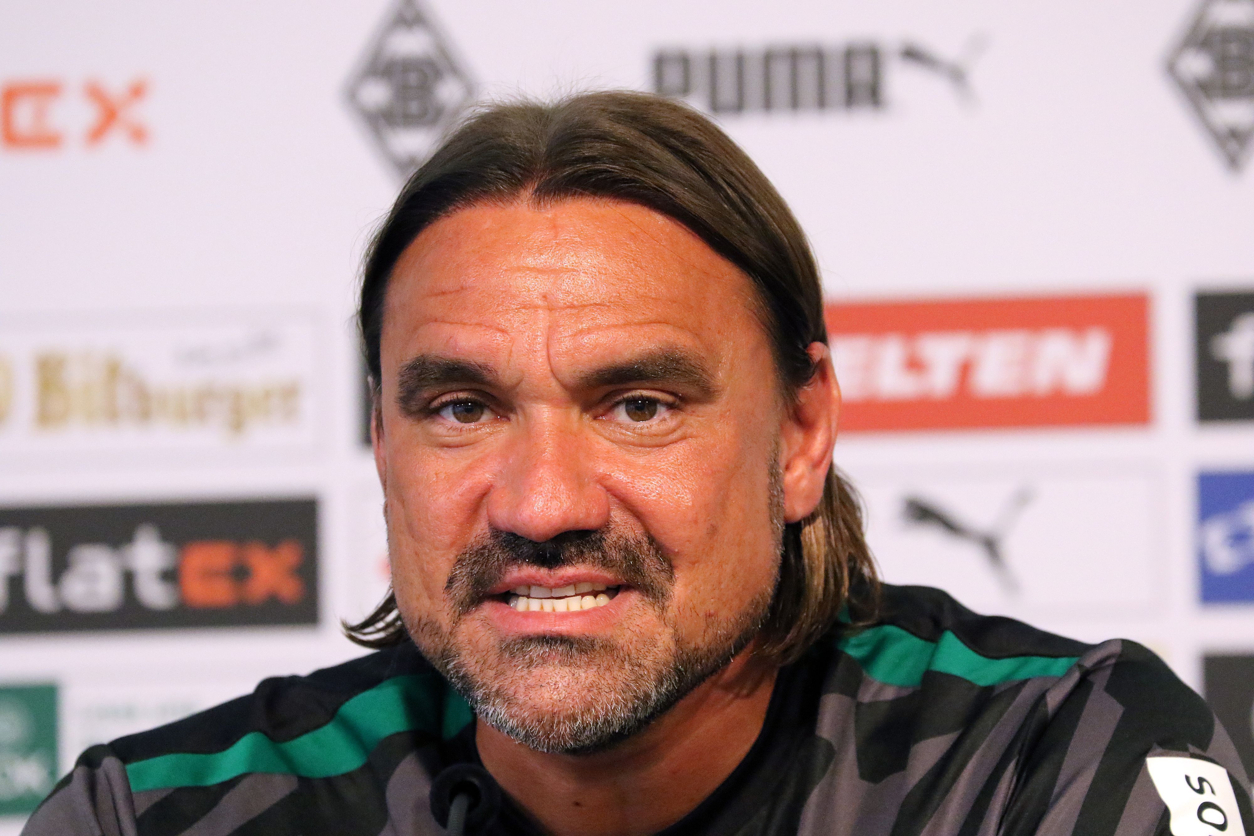 Gladbach-Trainer Daniel Farke. Auf diesem Bild ist der 45-Jährige während einer Pressekonferenz am 11. August 2022 im Borussia-Park zu sehen. Farke blickt in die Kamera des Fotografen.