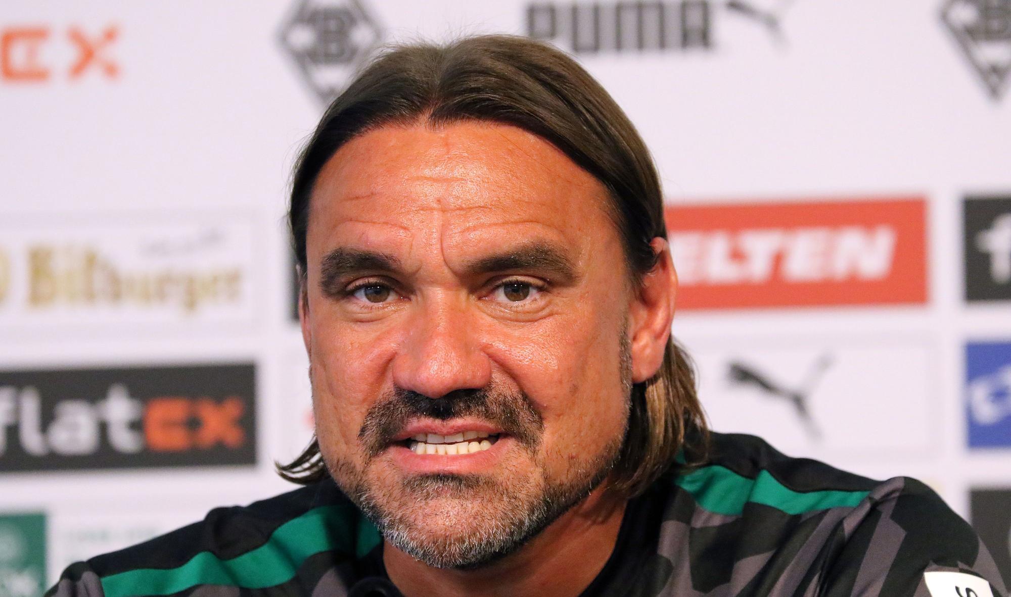Gladbach-Trainer Daniel Farke. Auf diesem Bild ist der 45-Jährige während einer Pressekonferenz am 11. August 2022 im Borussia-Park zu sehen. Farke blickt in die Kamera des Fotografen.