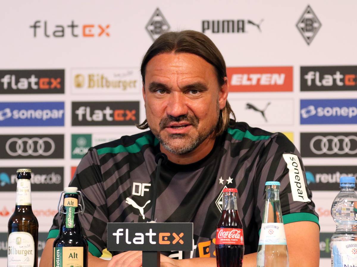 Daniel Farke, Trainer von Borussia Mönchengladbach, bei einer Pressekonferenz im Borussia-Park am 11. August 2022. Farke spricht in ein Mikrofon.