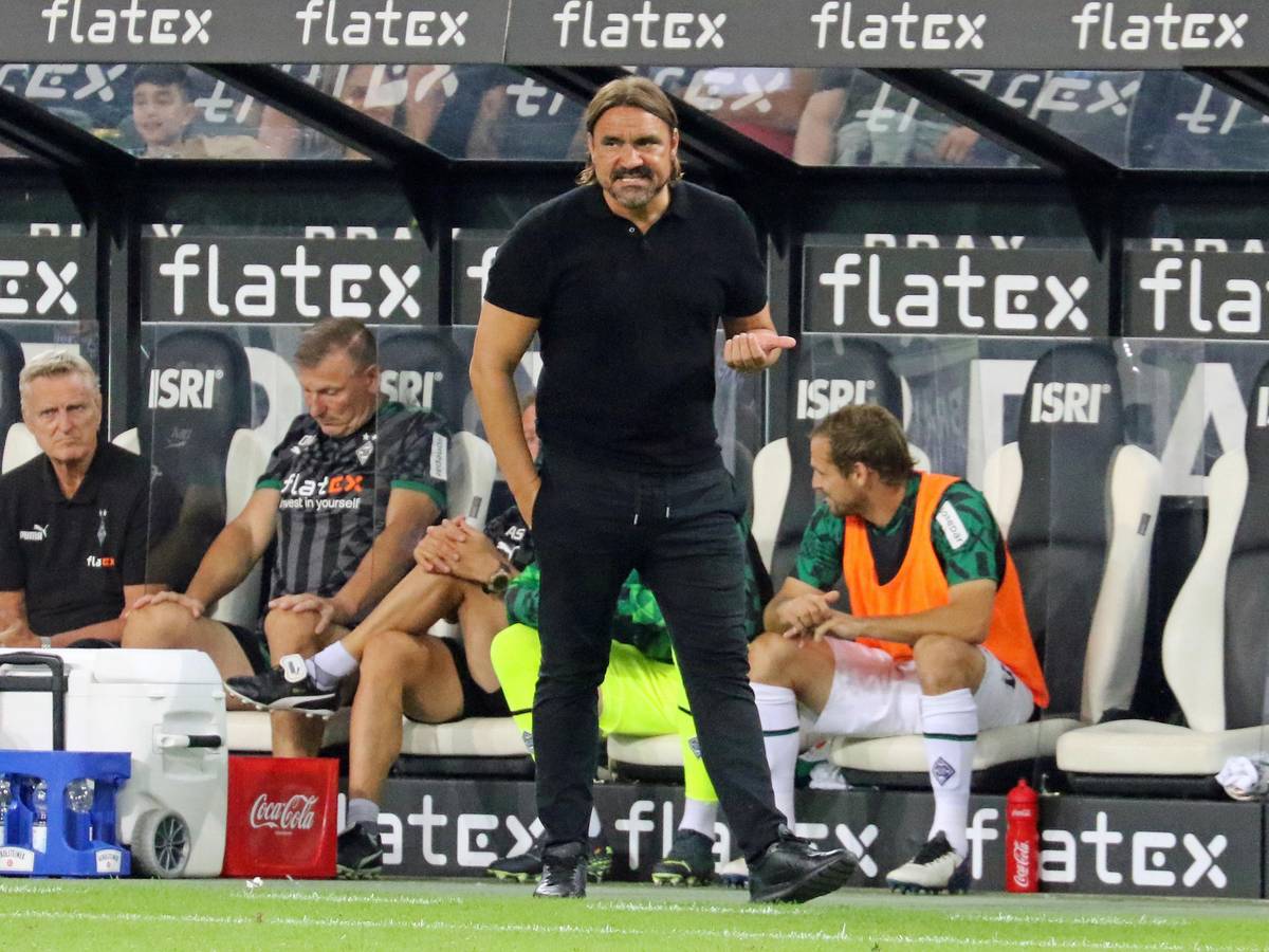 Daniel Farke, Trainer von Fußball-Bundesligist Borussia Mönchengladbach, gibt während der Partie gegen Hertha BSC (19. August 2022) an der Seitenlinie Anweisungen an seine Mannschaft.