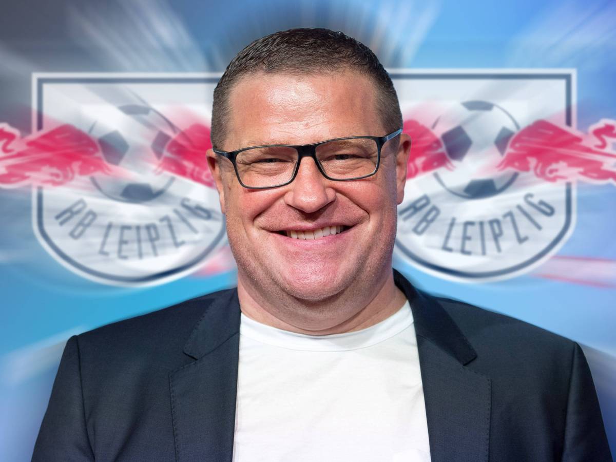 Eine Fotomontage zu den Gerüchten um Max Eberl. Der 48-Jährige wird nach seinem Rücktritt (28. Januar 2022) bei Fußball-Bundesligist Borussia Mönchengladbach aktuell mit einem neuen Job bei RB Leipzig in Verbindung gebracht. Das Foto zeigt Eberl bei der EXPRESS-Sportnacht am 28. August 2019. Im Hintergrund ist das RB-Logo gleich zwei Mal zu sehen.