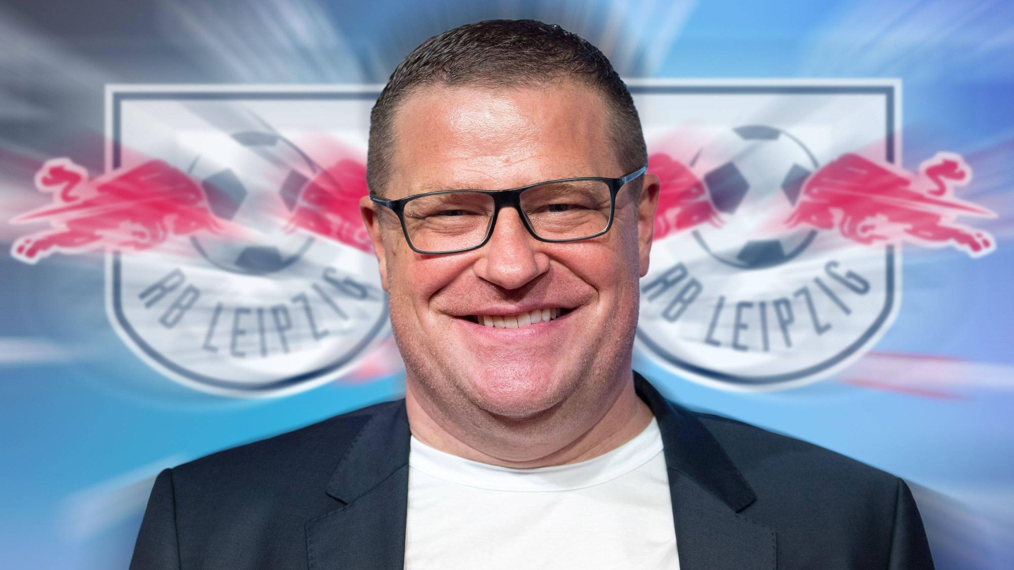 Eine Fotomontage zu den Gerüchten um Max Eberl. Der 48-Jährige wird nach seinem Rücktritt (28. Januar 2022) bei Fußball-Bundesligist Borussia Mönchengladbach aktuell mit einem neuen Job bei RB Leipzig in Verbindung gebracht. Das Foto zeigt Eberl bei der EXPRESS-Sportnacht am 28. August 2019. Im Hintergrund ist das RB-Logo gleich zwei Mal zu sehen.
