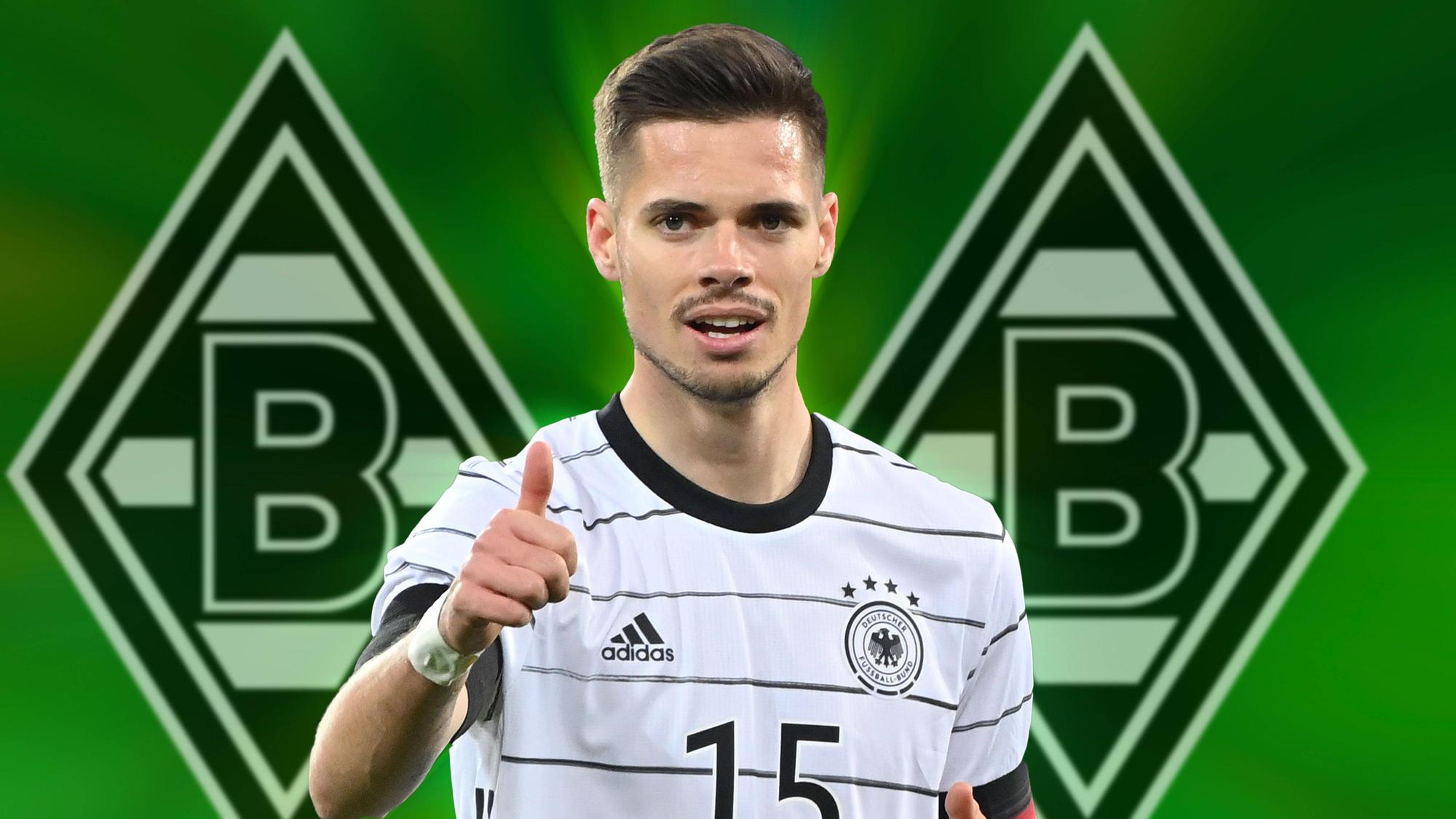 Fotomontage mit Julian Weigl. Das Foto zeigt ihn am 26. März 2022 im Trikot der deutschen Nationalmannschaft beim Spiel gegen Israel. Weigl hebt den rechten Daumen. Im Hintergrund ist zweimal das Logo von Borussia Mönchengladbach zu sehen.