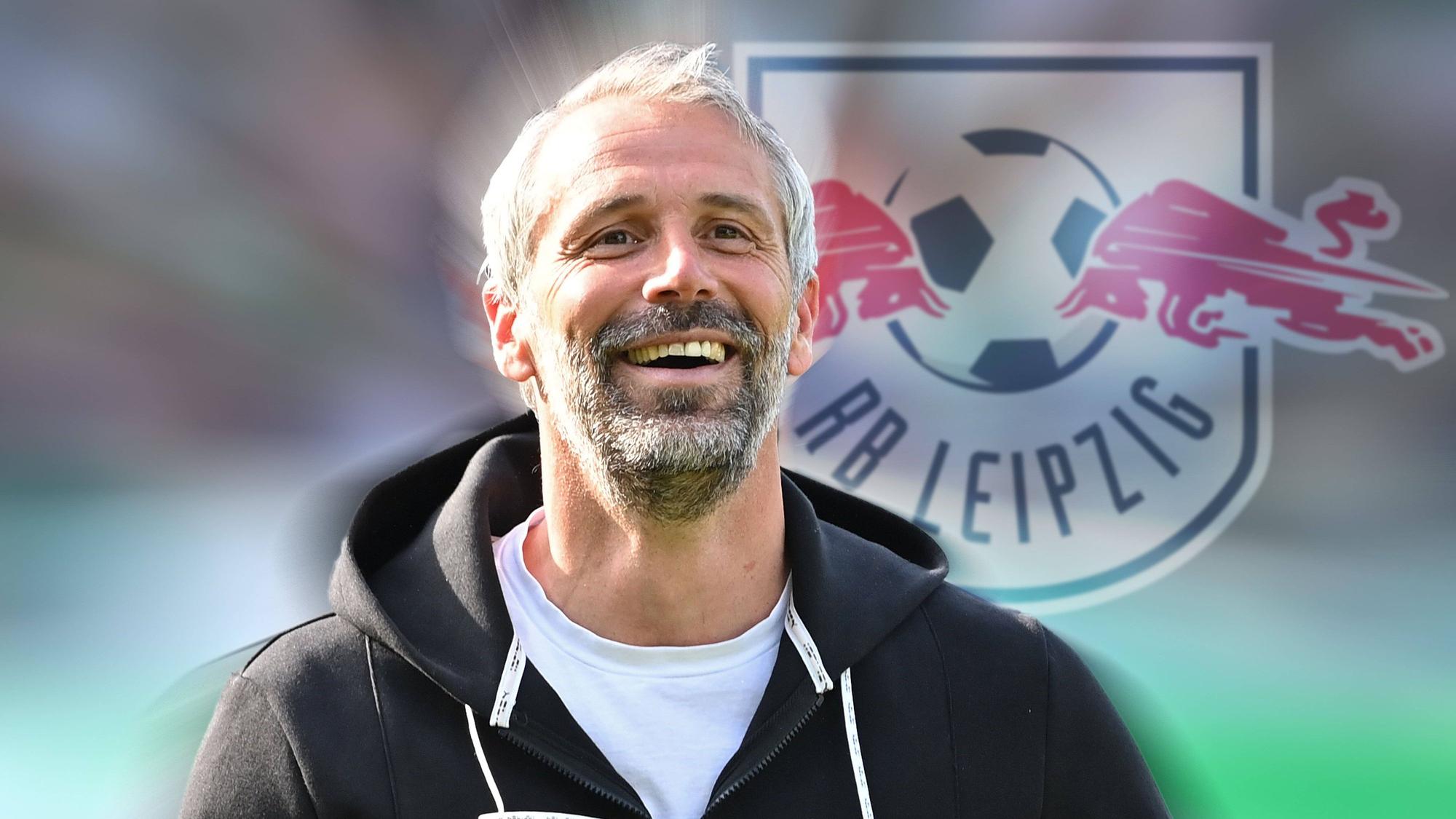 Marco Rose, hier zu sehen am 7. Mai 2022, ist neuer Trainer von RB Leipzig. Der Klub hat bemühte sich schon zu Roses Zeit bei Borussia Mönchengladbach um den Coach. In der Fotomontage ist hinter Rose das Logo von RB Leipzig zu sehen.