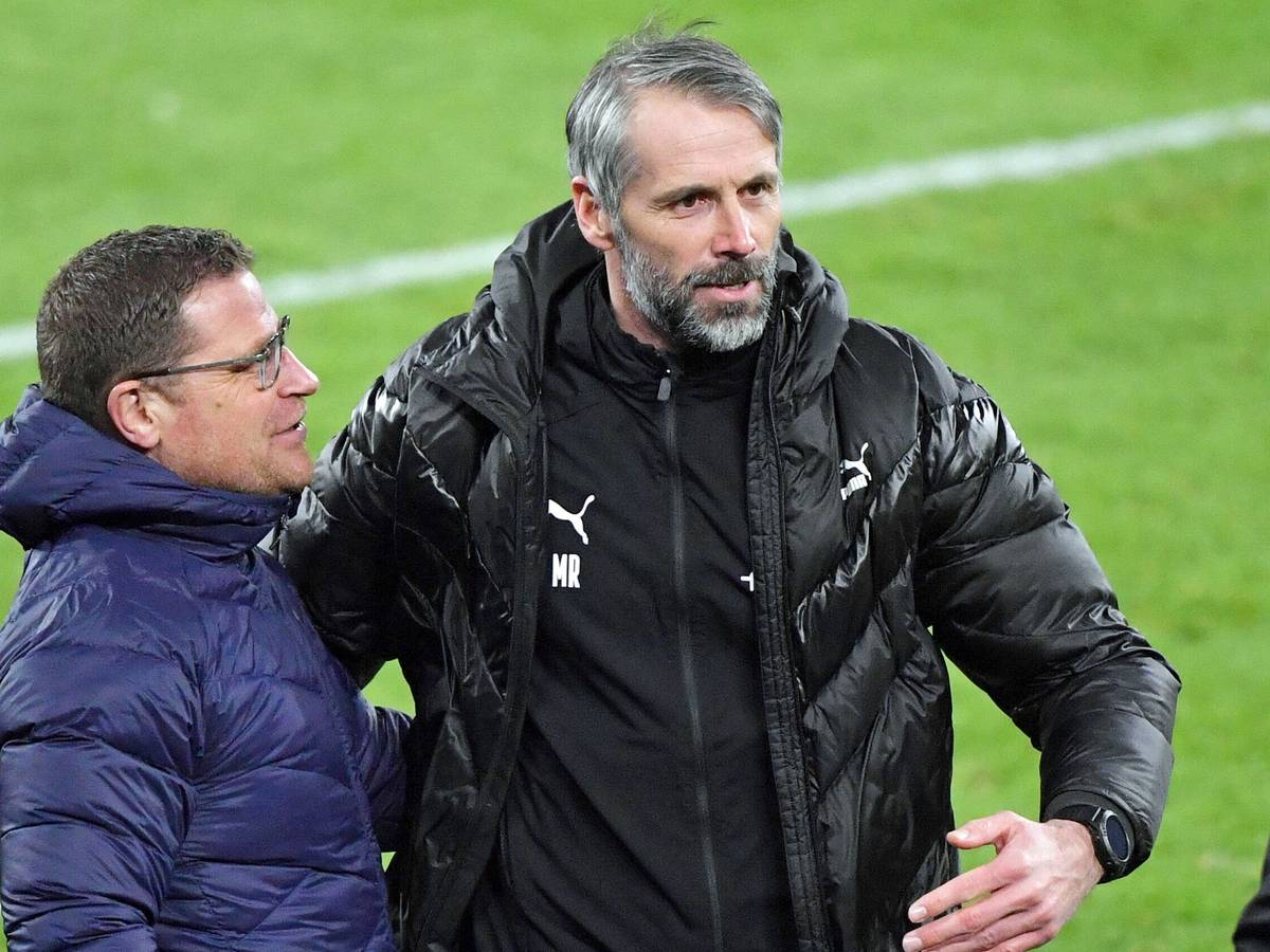 Ex-Gladbach-Entscheider unter sich: Marco Rose (r.) ist seit Donnerstag (8. September 2022) neuer Cheftrainer bei RB-Leipzig. Max Eberl (l.) soll bei den Sachsen neuer Sportdirektor werden. Rose und Eberl umarmen sich.