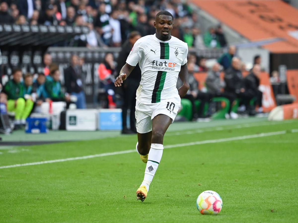 Gladbach-Stürmer Marcus Thuram im Vollsprint. Hier zu sehen am 17. September 2022 während des Bundesliga-Topspiels gegen RB Leipzig im Borussia-Park.