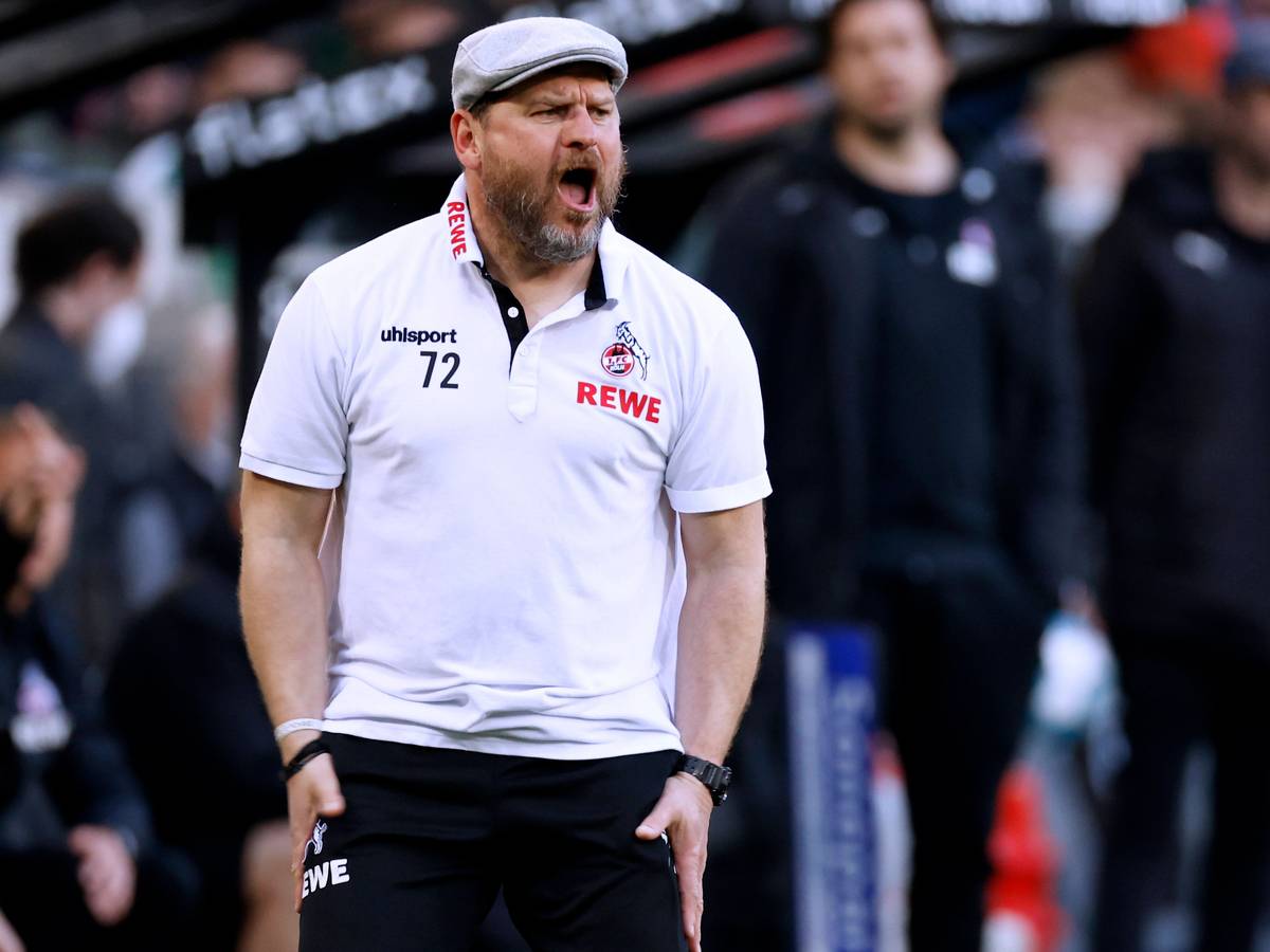 Steffen Baumgart, Trainer des 1. FC Köln, gestikuliert und schreit an der Seitenlinie im Gladbacher Borussia-Park. Dieses Foto stammt vom 16. April 2022. Baumgart trägt eine Jogginghose und ein weißes Polohemd, dazu eine Schiebermütze.