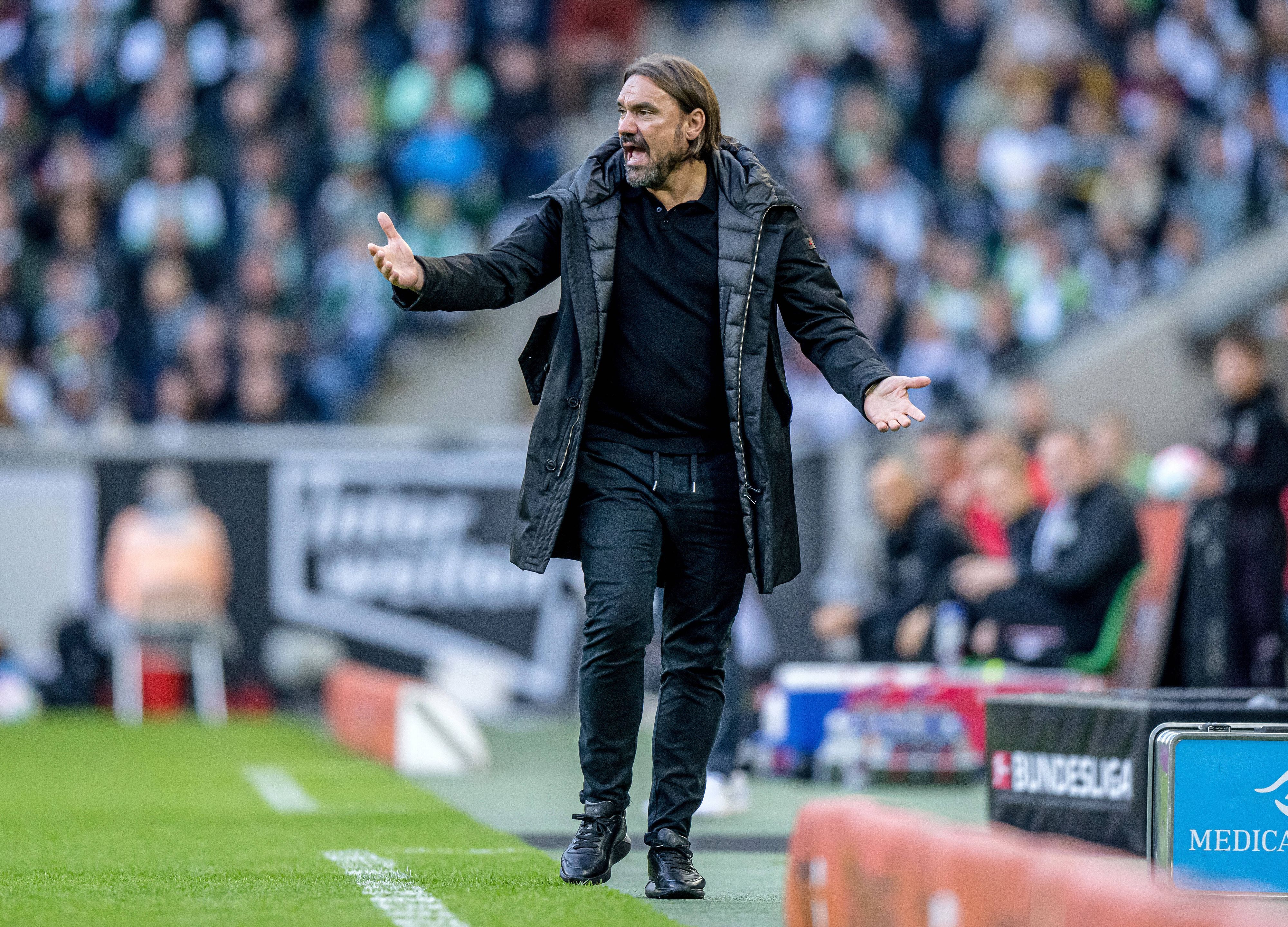 Daniel Farke treibt seine Mannschaft an, hier am 17. September 2022 beim Heimspiel von Borussia Mönchengladbach gegen RB Leipzig. Farke gestikuliert mit den Armen und ruft etwas aufs Spielfeld.