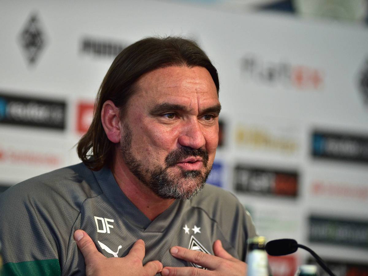 Daniel Farke, Trainer von Borussia Mönchengladbach, auf der Pressekonferenz am 21. Oktober 2022 im Borussia-Park. Farke sitzt auf dem Podium und gestikuliert mit den Händen.