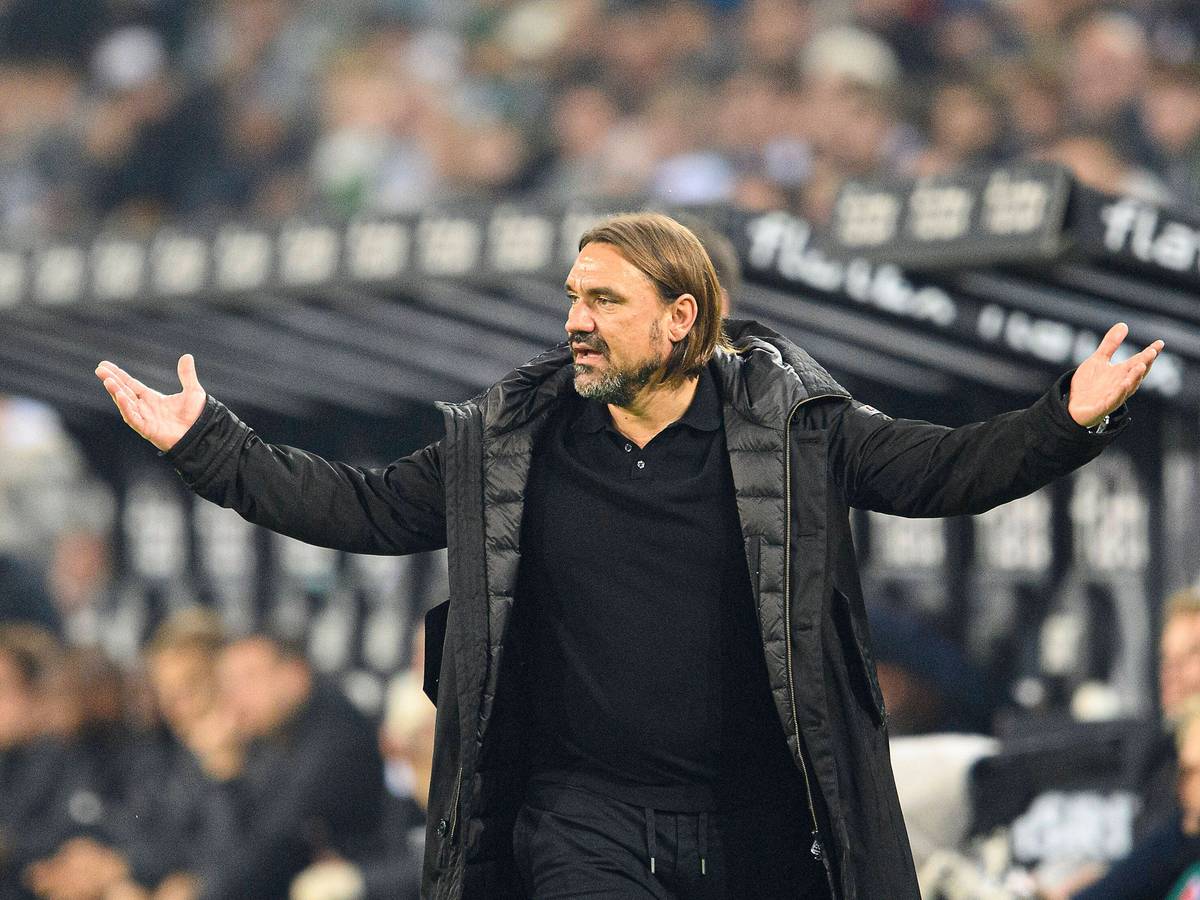 Gladbach-Trainer Daniel Farke gestikuliert an der Seitenlinie im Borussia-Park, hier zu sehen am 22. Oktober 2022 im Bundesliga-Duell gegen Eintracht Frankfurt. Farke hat die Arme ausgebreitet.