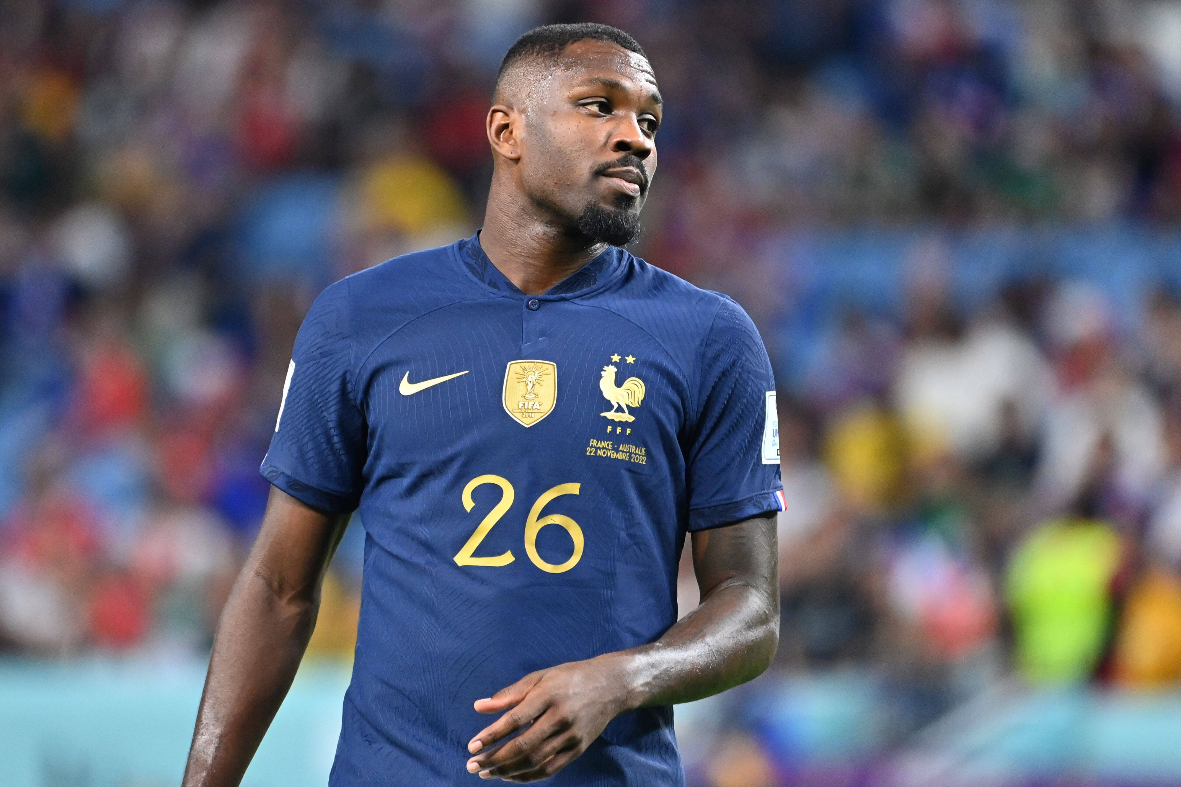 Marcus Thuram von Borussia Mönchengladbach im Trikot der französischen Nationalmannschaft beim WM-Spiel Frankreich gegen Australien am 22. November 2022 in Katar.