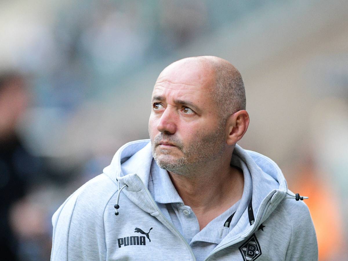 Oliver Neuville, hier am 22. Oktober beim Spiel zwischen Borussia Mönchengladbach und Eintracht Frankfurt, hat sich zu einem möglichen Abgang von Top-Stürmer Marcus Thuram geäußert. Auf dem Foto sieht man ihn in Nahaufnahme skeptisch nach oben schauend.