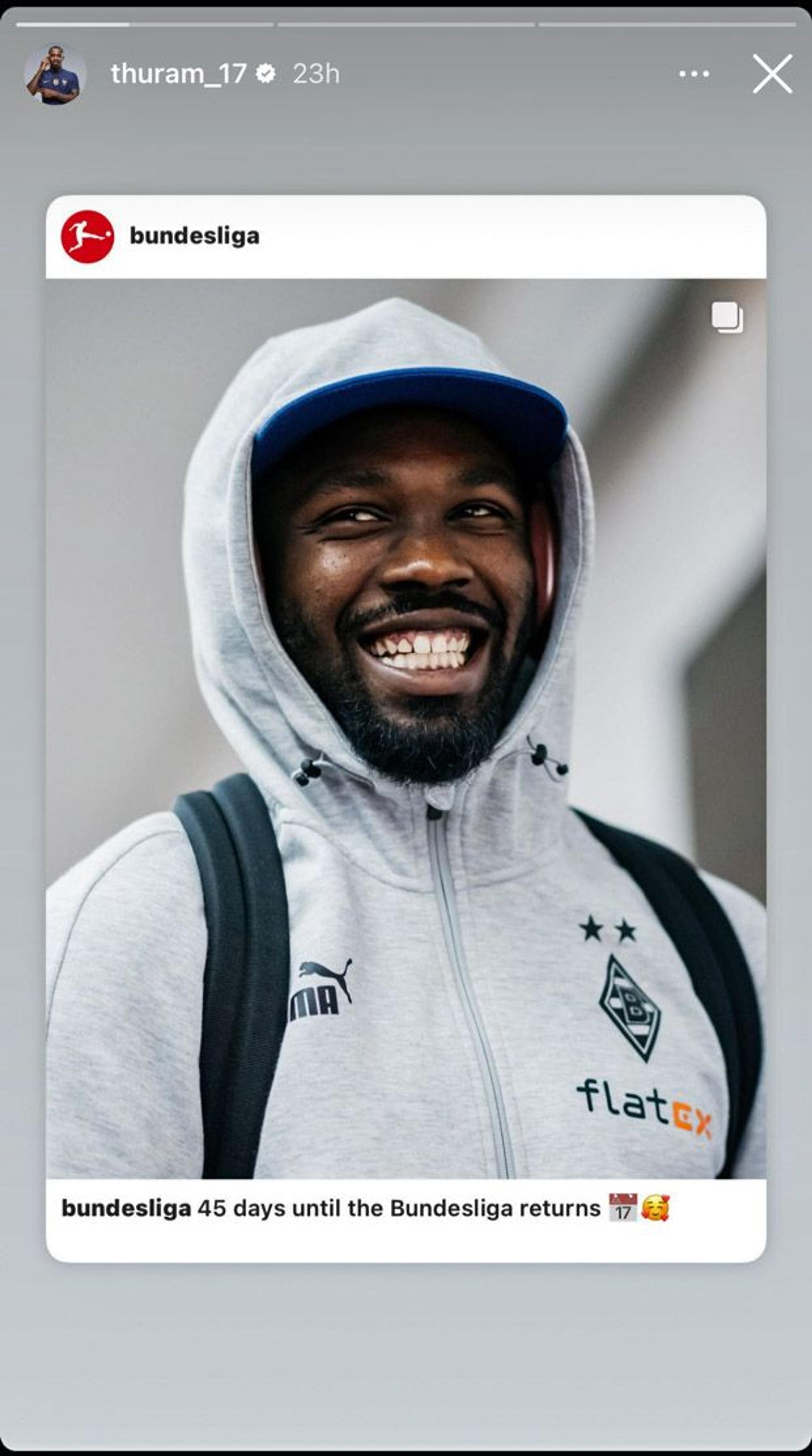Marcus Thuram hat auf seinem Instagram-Kanal diesen Beitrag in der Story geteilt.