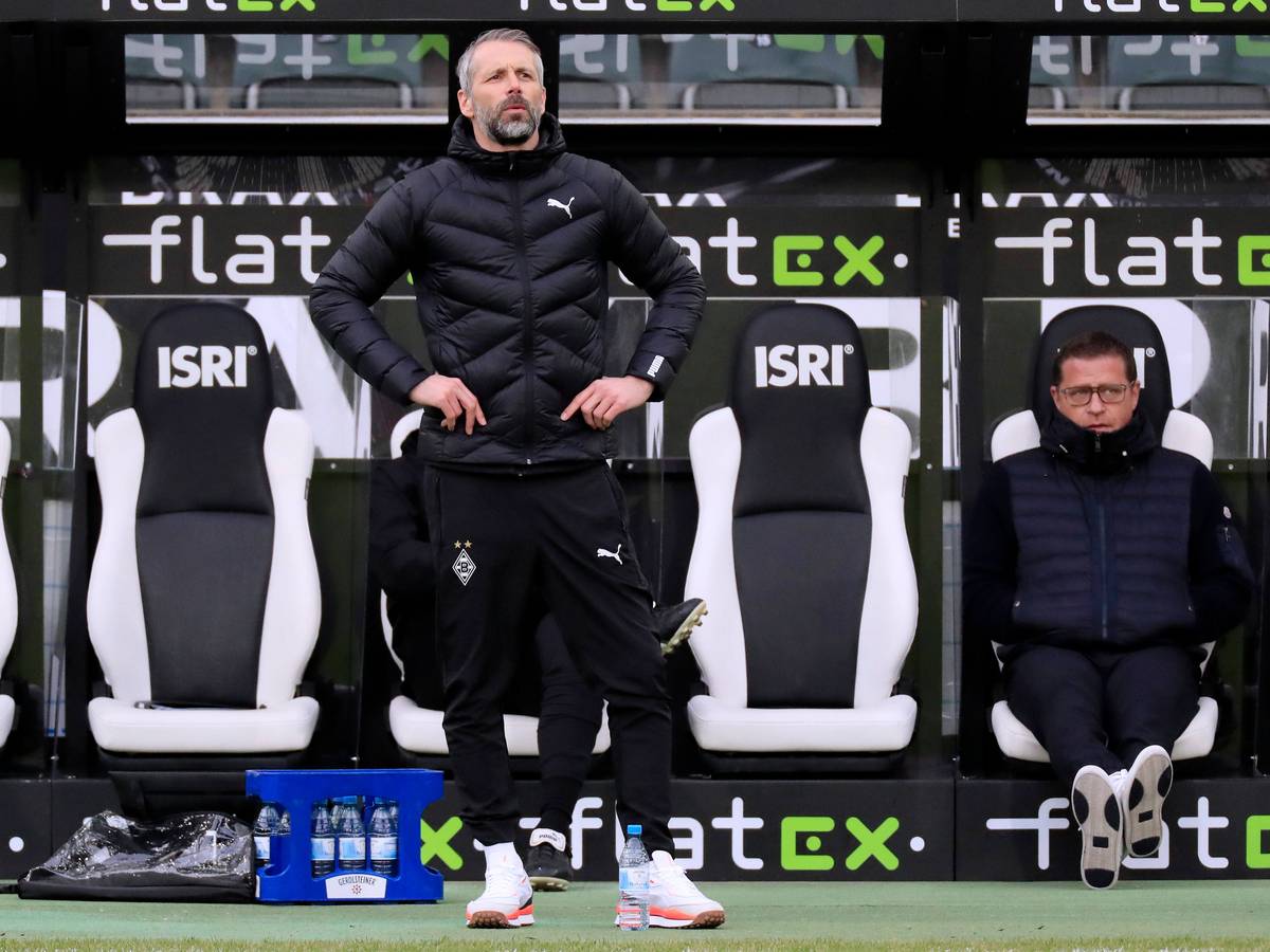 Marco Rose steht in seiner Coaching-Zone, hinter ihm sitzt Max Eberl auf der Ersatzbank.