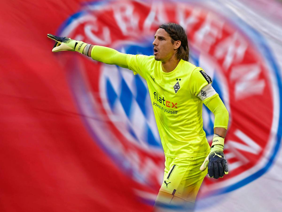 Yann Sommer, Keeper von Borussia Mönchengladbach, soll vor einem Wechsel zum FC Bayern München stehen. Die Fotomontage zeigt den Schweizer im knallgelben Trikot vor einer Bayern-Flagge.