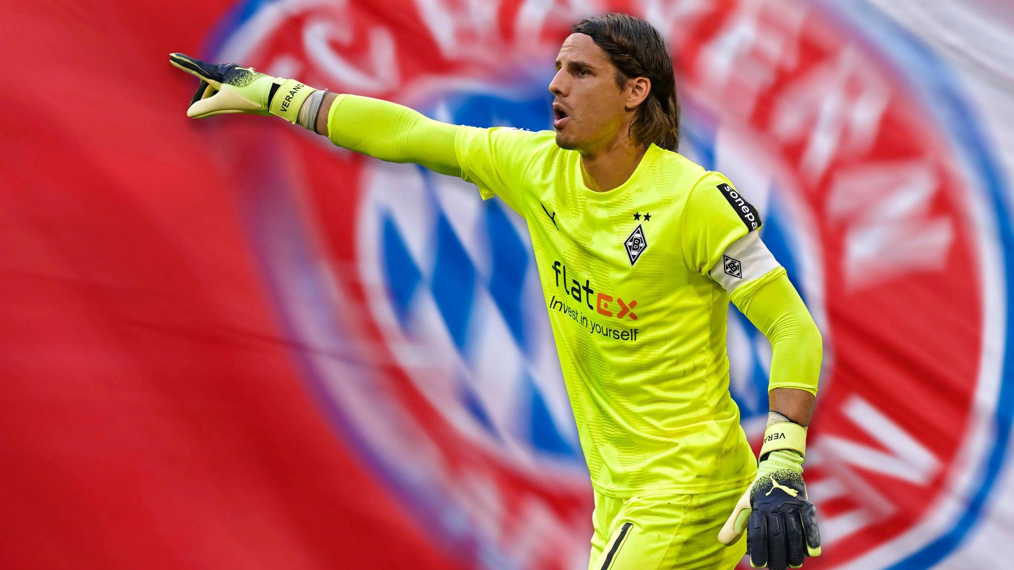 Yann Sommer, Keeper von Borussia Mönchengladbach, soll vor einem Wechsel zum FC Bayern München stehen. Die Fotomontage zeigt den Schweizer im knallgelben Trikot vor einer Bayern-Flagge.