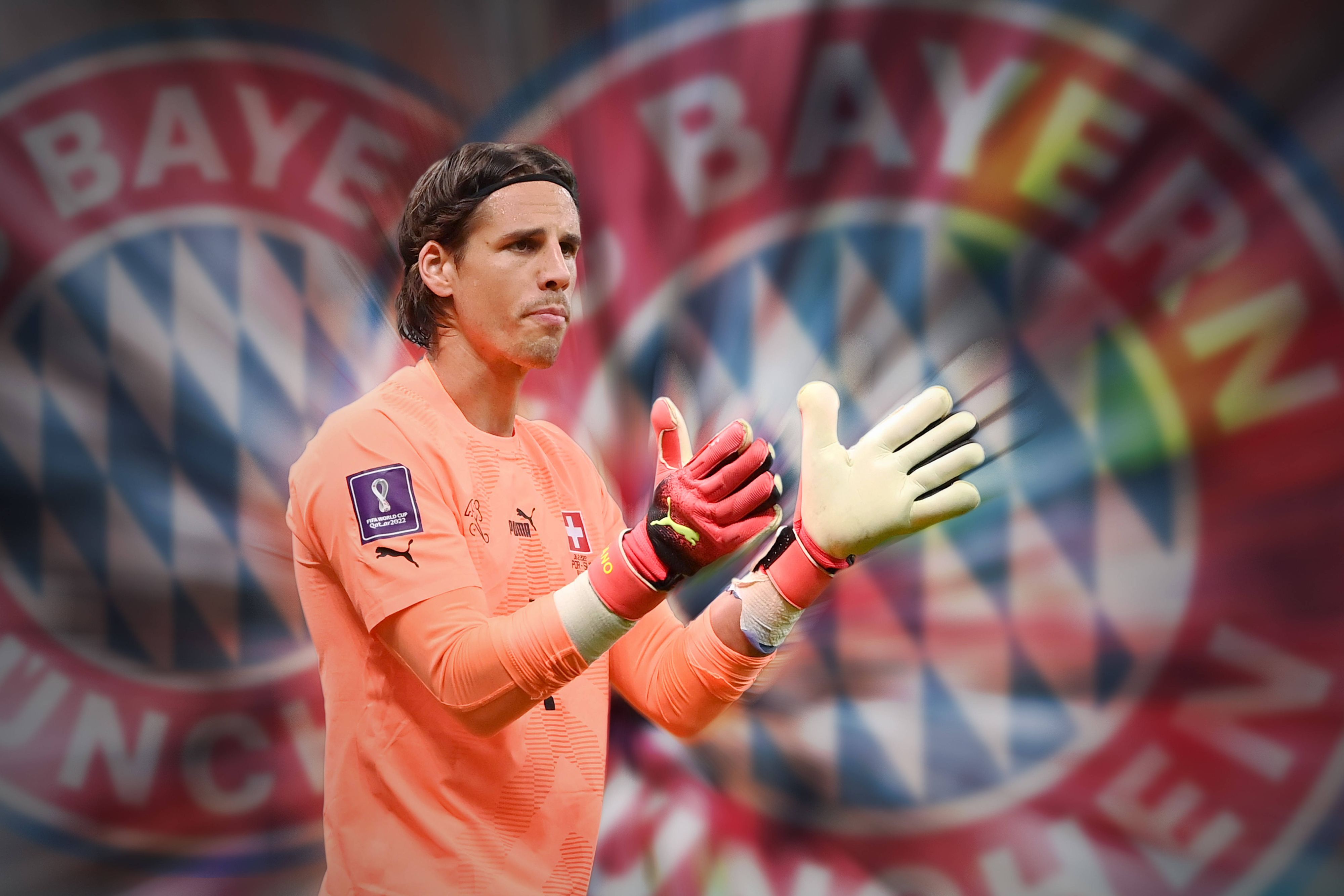 Diese Fotomontage zeigt es an: Torwart Yann Sommer ist am 19. Januar 2023 von Borussia Mönchengladbach zu Bayern München gewechselt. Zu sehen ist Yann Sommer, der in die Hände klatscht. Im Hintergrund erscheint das Bayern-München-Logo.