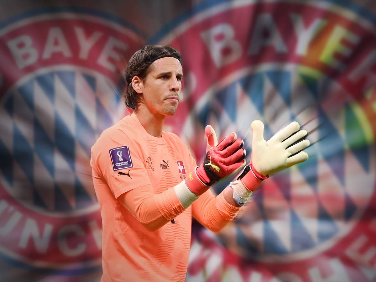 Diese Fotomontage zeigt es an: Torwart Yann Sommer ist am 19. Januar 2023 von Borussia Mönchengladbach zu Bayern München gewechselt. Zu sehen ist Yann Sommer, der in die Hände klatscht. Im Hintergrund erscheint das Bayern-München-Logo.