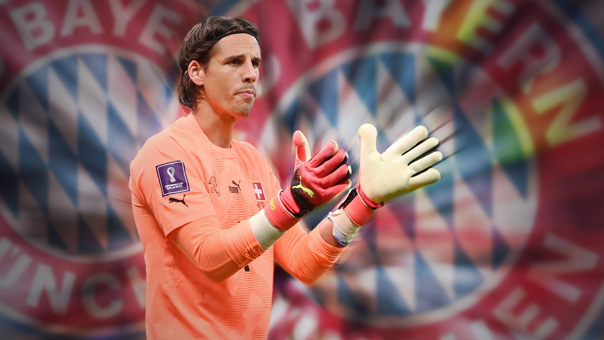 FOTOMONTAGE: Yann Sommer von Borussia Mönchengladbach im Trikot der Schweiz vor dem Logo des FC Bayern München zu sehen.