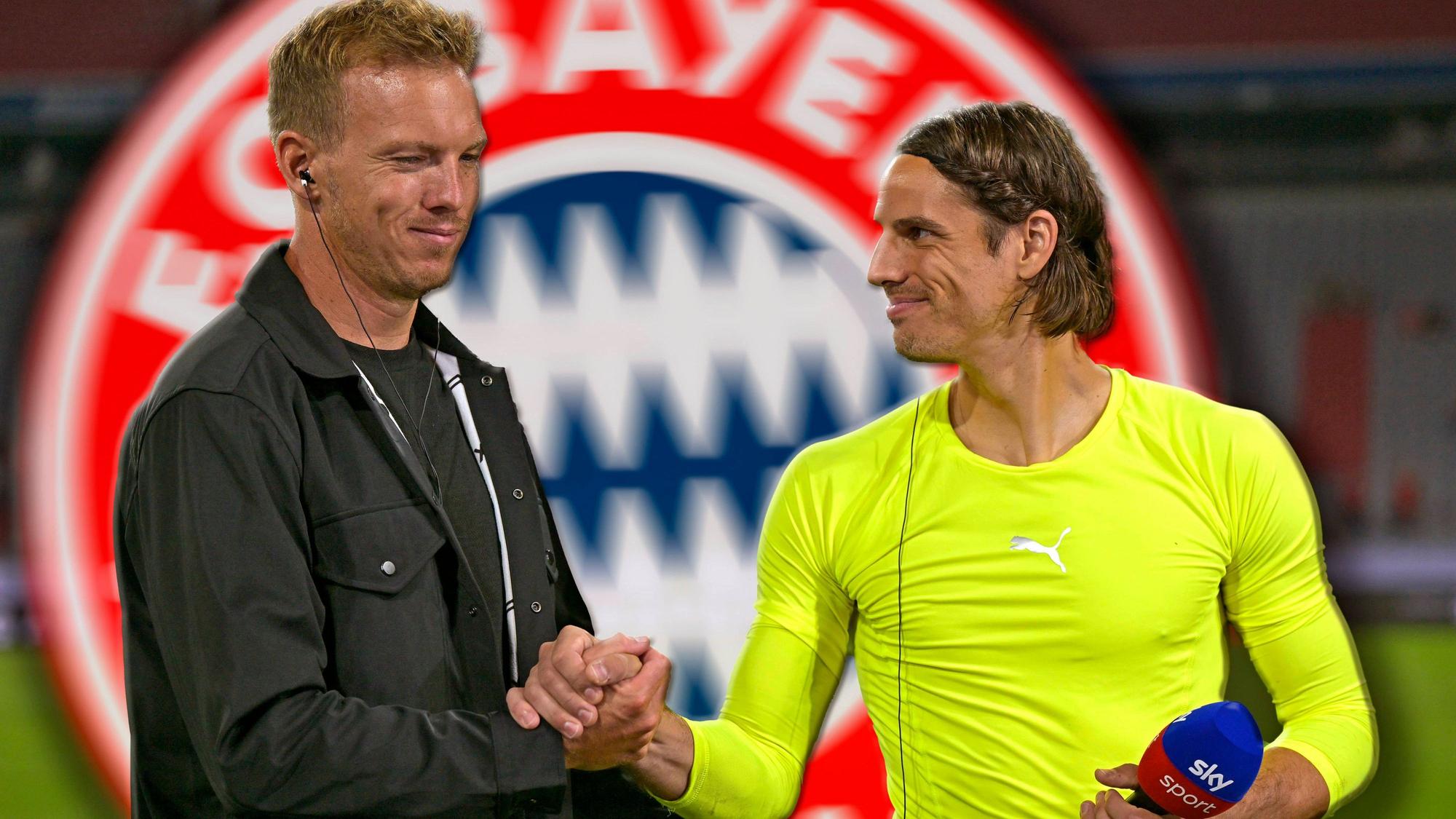 Bildmontage: Bayern-Coach Julian Nagelsmann (l.) und Borussia-Keeper Yann Sommer beim freundschaftlichen Hand-Shake vor dem Logo des FC Bayern. Nagelsmann ist dabei in Schwarz gekleidet, Sommer trägt ein neongelbes Puma-Shirt. Beide lächeln.Sommer hat ein Mikrofon des Senders Sky in der linken Hand.