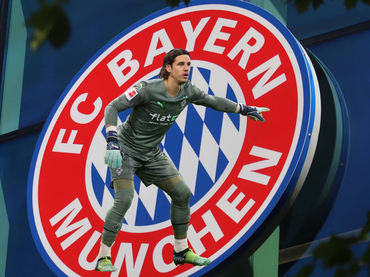 Die Fotomontage vom 18. Januar 2023 zeigt es an: Yann Sommer wechselt von Borussia Mönchengladbach zu Rekordmeister Bayern München. Der Transfer-Deal zwischen den beiden Traditionsklubs ist perfekt und soll alsbald offiziell verkündet werden. Zu sehen ist im Vordergrund Yann Sommer, dahinter ein riesiges Bayern-Logo.