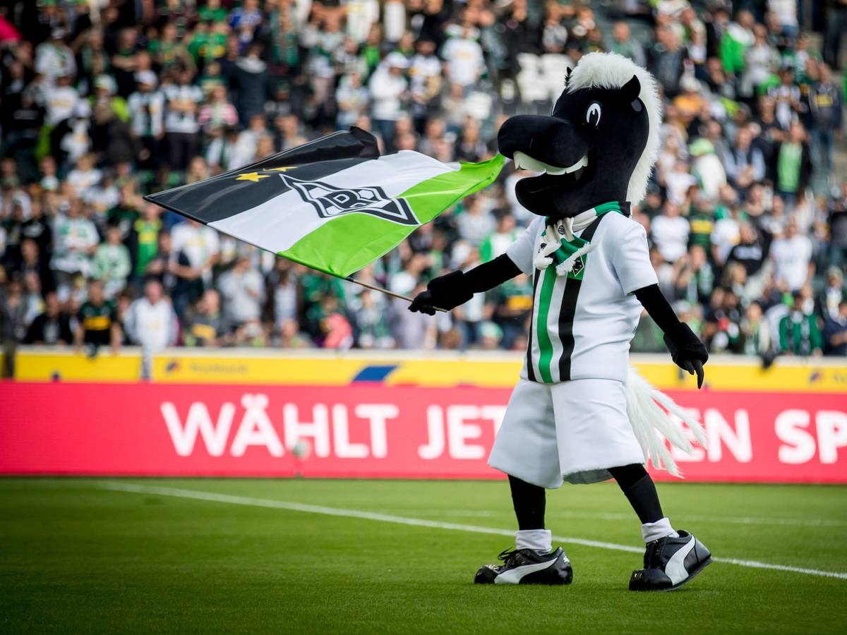 Das Maskottchen von Borussia Mönchengladbach, Jünter, schwenkt auf dem Rasen im Borussia-Park seine Fahne.