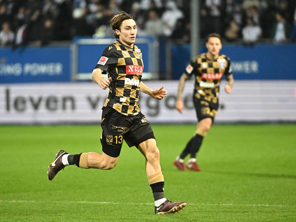 Reitz Reitz spielt am 28. Januar 2023 in der ersten belgischen Liga für VV St. Truiden gegen Leuven. Reitz trägt ein gelb-schwarzes Trikot.