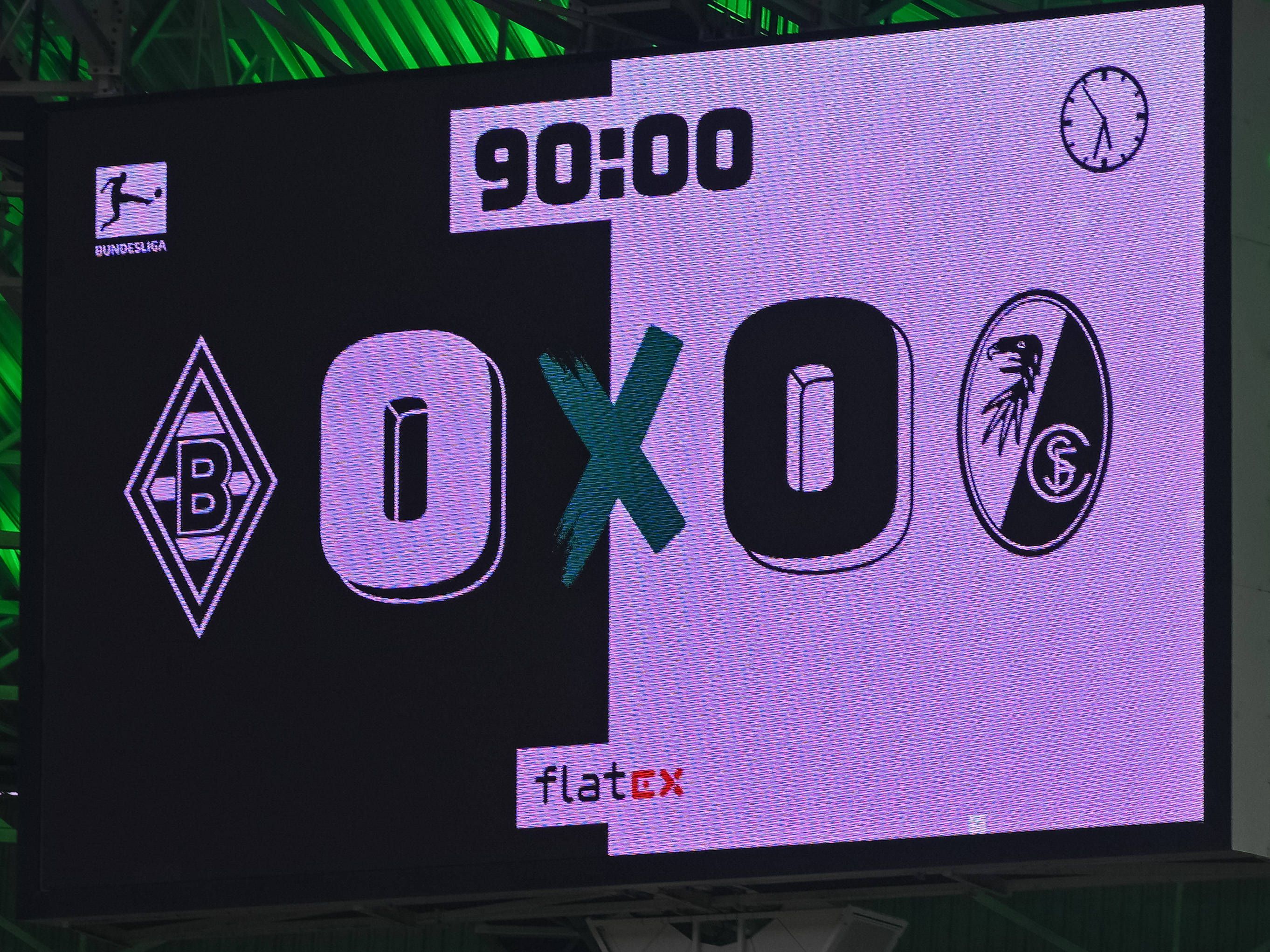Borussia Mönchengladbach und der SC Freiburg haben sich am Samstag (4. März 2023) 0:0 vom SC Freiburg getrennt. Das Foto zeigt die Anzeigetafel im Borussia-Park.