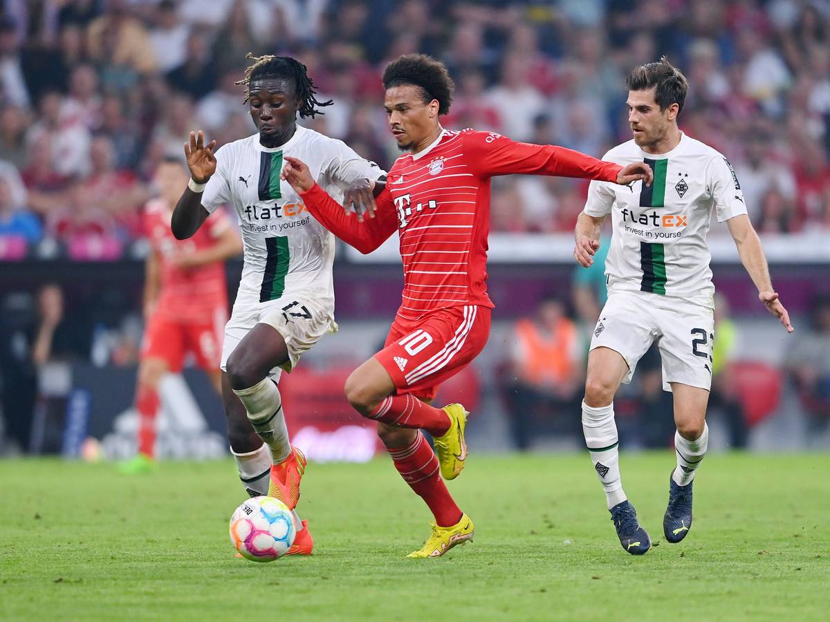 Manu Koné (l.) und Jonas Hofmann (r.), hier am 27. August 2022, kämpfen im Bundesliga-Spiel von Borussia Mönchengladbach beim FC Bayern München mit Leroy Sané um den Ball. Koné und Sané blicken auf den Ball, die Gladbach-Spieler tragen das weiße Borussia-Heimtrikot. Sané spielt ganz in rot.