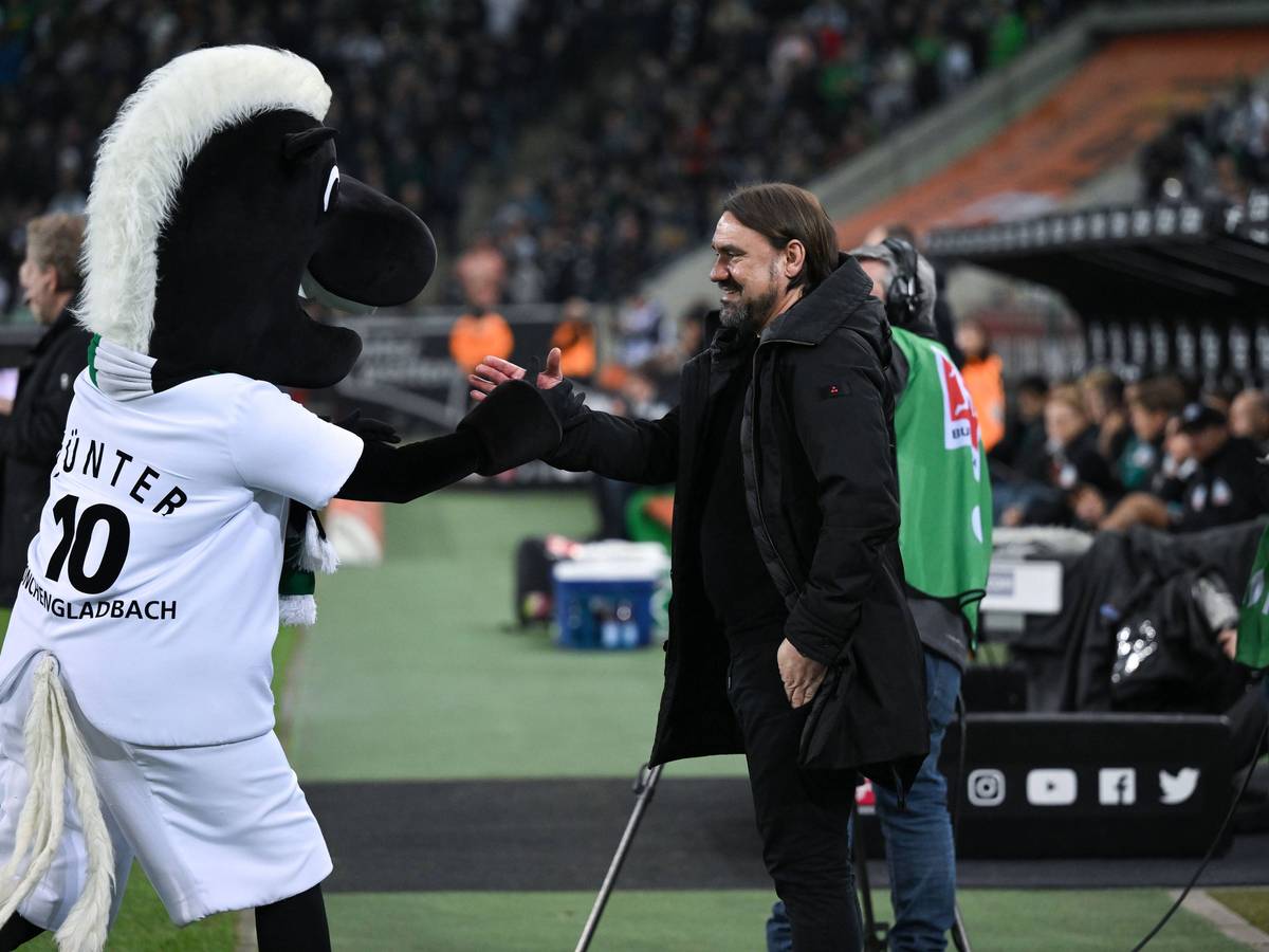 Keine Konkurrenz für Jünter: Trainer Daniel Farke (r.) plant mittelfristig seinen Mittelfeld-Star Julian Weigl als Taktgeber von Borussia Mönchengladbach, nicht als Maskottchen, ein. Das Foto zeigt den Gladbach-Trainer am 17. März 2023.
