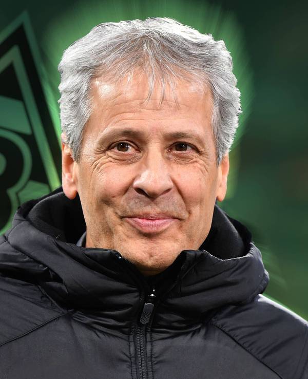 Diese Fotomontage zeigt Trainer Lucien Favre mit der Gladbach-Raute im Hintergrund. Der Schweizer ist am Samstag (27. Mai 2023) zu Gast im Borussia-Park gewesen und hat einen 2:0-Sieg der Fohlen-Elf gegen den FC Augsburg zum Liga-Finish gesehen.