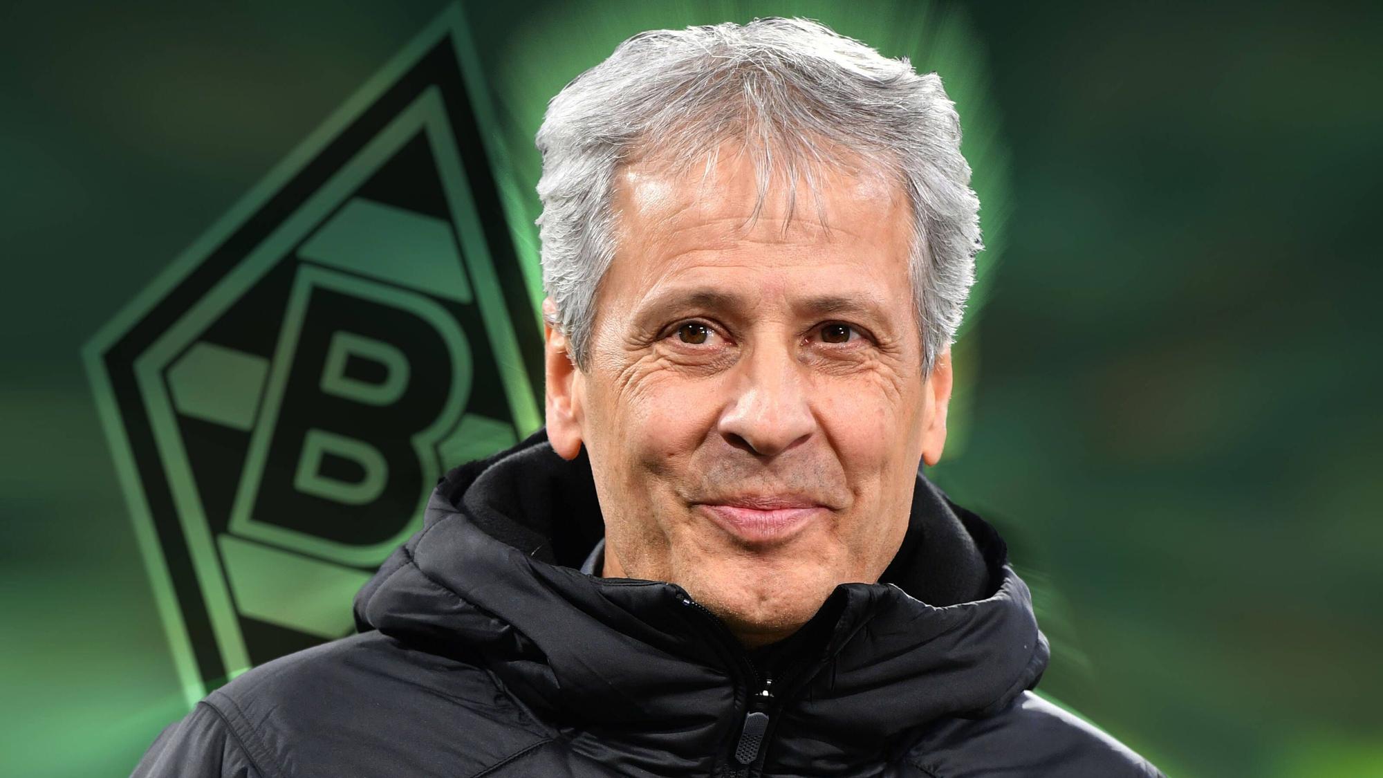 Diese Fotomontage zeigt Trainer Lucien Favre mit der Gladbach-Raute im Hintergrund. Der Schweizer ist am Samstag (27. Mai 2023) zu Gast im Borussia-Park gewesen und hat einen 2:0-Sieg der Fohlen-Elf gegen den FC Augsburg zum Liga-Finish gesehen.