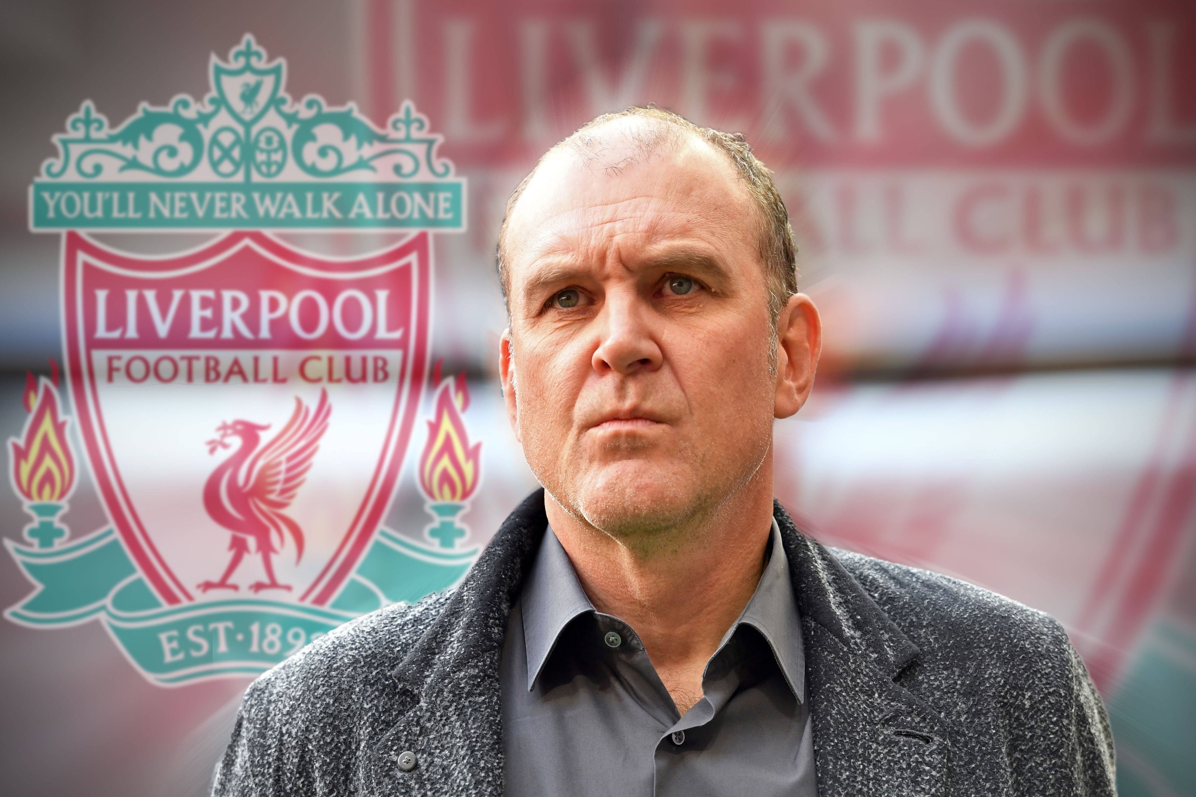 Diese Fotomontage zeigt Jörg Schmadtke als neuen Sportdirektor beim FC Liverpool. Der 59-Jährige hat zuvor auch schon beim 1. FC Köln als Manager gearbeitet. Zu sehen sind Schmadtke und das Vereinswappen des FC Liverpool.