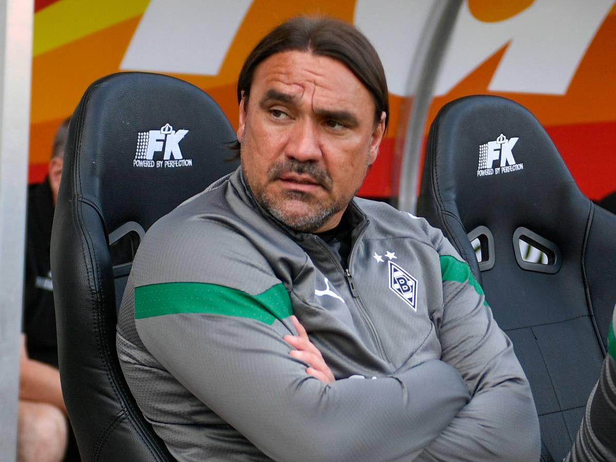 Daniel Farke in seinem letzten Spiel als Trainer von Fußball-Bundesligist Borussia Mönchengladbach. Das Bild zeigt den 46-Jährigen am 31. Mai 2023 während des Test-Kicks beim Hallescher FC. Farke hat die Arme verschränkt.