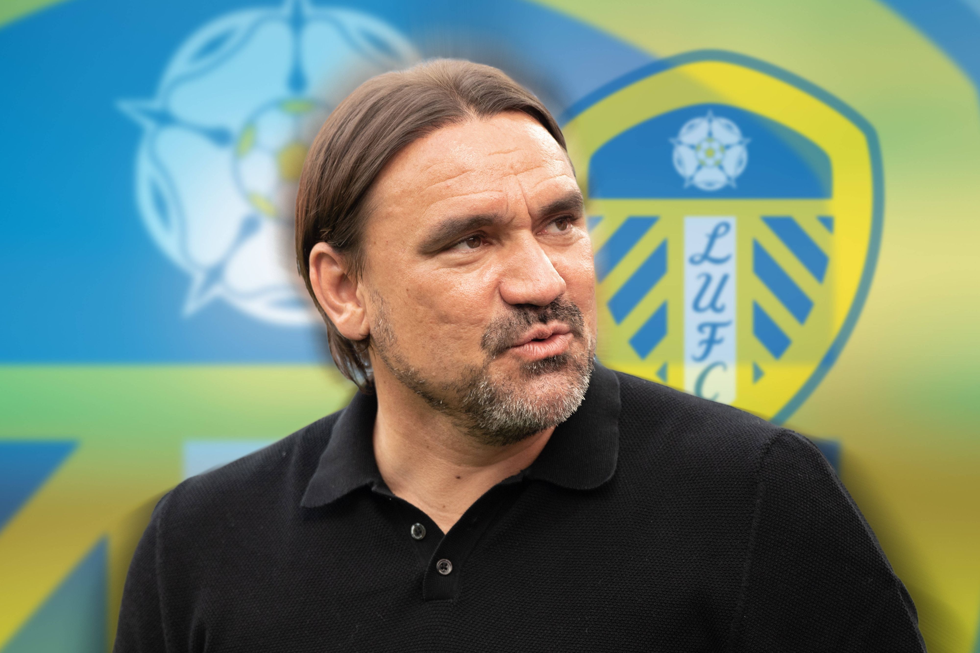 Daniel Farke, ehemals Trainer von Borussia Mönchengladbach, hat offenbar einen neuen Job gefunden. Die Fotomontage zeigt den 46-Jährigen bereits vor dem Logo des Premier-League-Absteigers Leeds United.