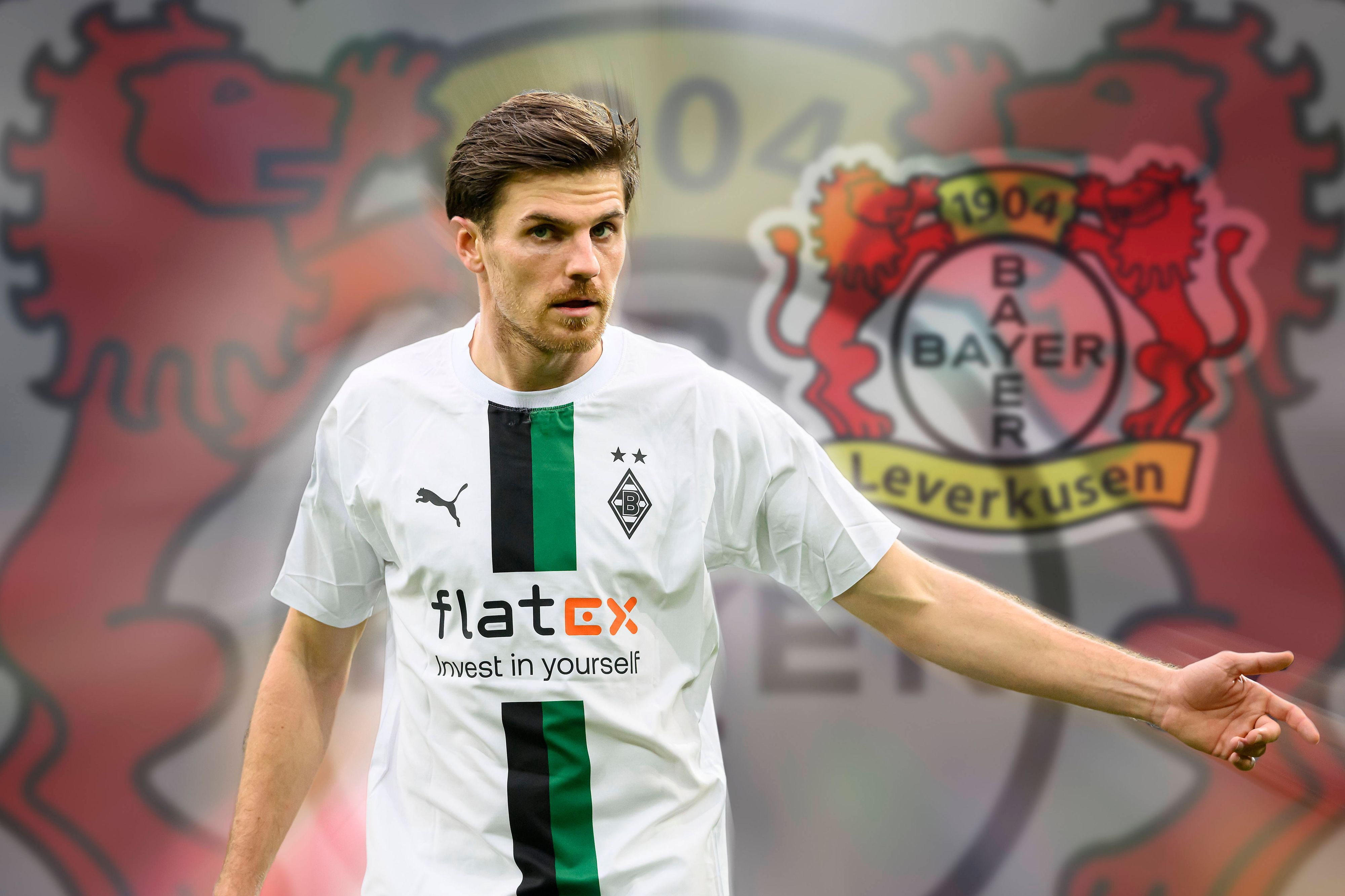 Jonas Hofmann verlässt Borussia Mönchengladbach nach siebeneinhalb Jahren und schließt sich Bayer Leverkusen an. Das Bild zeigt ihn in einer Fotomontage vor dem Logo der Werkself.