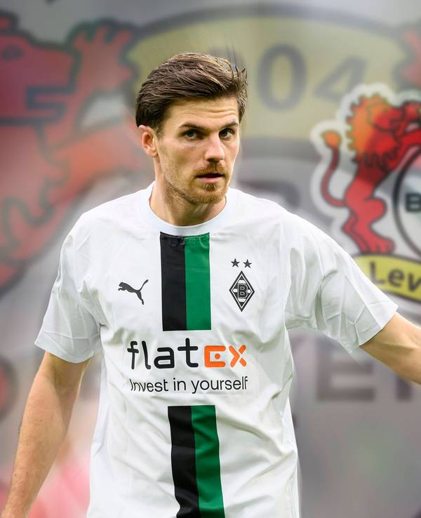 Jonas Hofmann verlässt Borussia Mönchengladbach nach siebeneinhalb Jahren und schließt sich Bayer Leverkusen an. Das Bild zeigt ihn in einer Fotomontage vor dem Logo der Werkself.