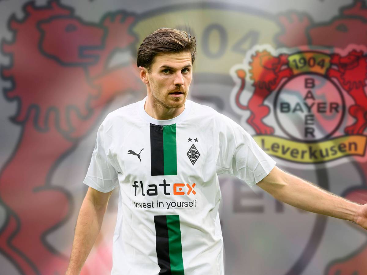 Jonas Hofmann verlässt Borussia Mönchengladbach nach siebeneinhalb Jahren und schließt sich Bayer Leverkusen an. Das Bild zeigt ihn in einer Fotomontage vor dem Logo der Werkself.