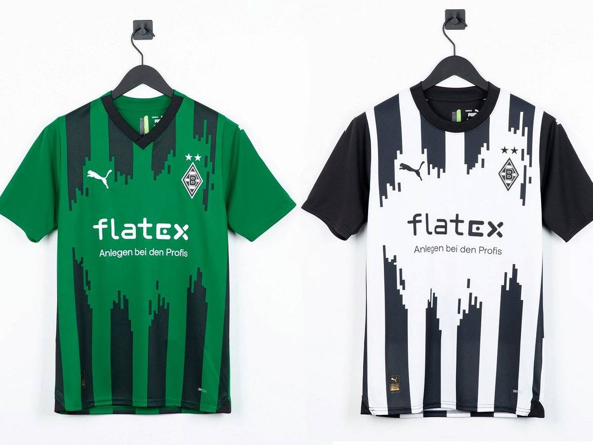 Die neuen Auswärts- (l.) und Ausweich-Trikot von Borussia Mönchengladbach zur Saison 2023/2024 von Ausrüster Puma.