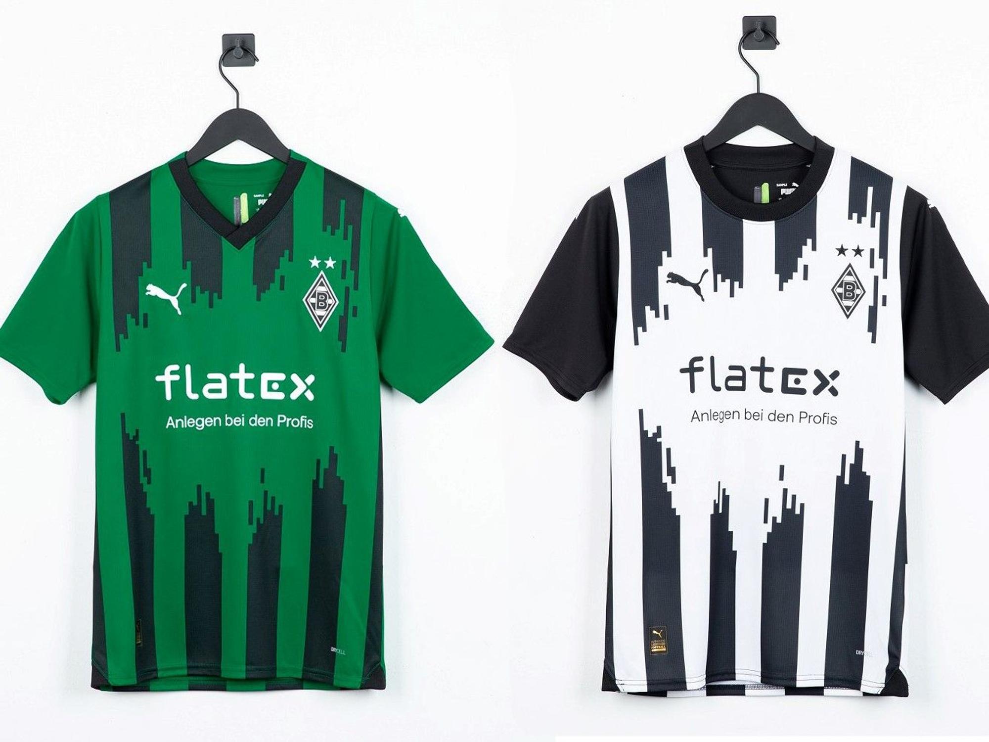 Die neuen Auswärts- (l.) und Ausweich-Trikot von Borussia Mönchengladbach zur Saison 2023/2024 von Ausrüster Puma.