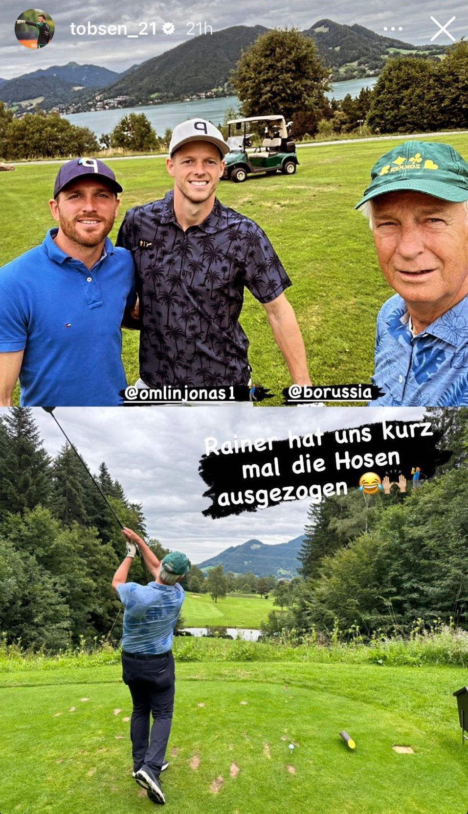 Die Insta-Story von Tobias Sippel (l.) zum Golf-Ausflug mit Jonas Omlin (M.) und Rainer Bonhof. Die Foto-Collage hat Sippel am 30. Juli 2023 veröffentlicht.