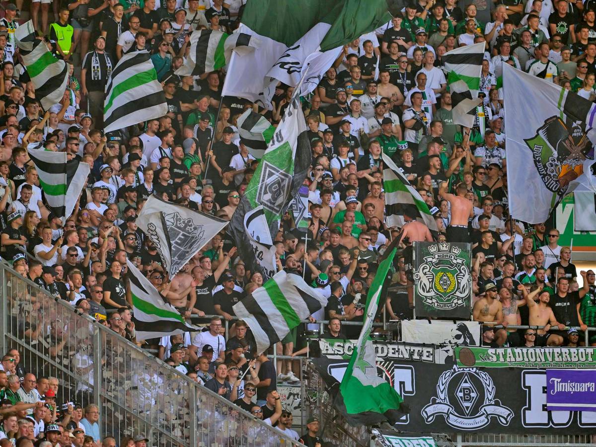 Die Fans von Borussia Mönchengladbach im Fanblock beim Auswärtsspiel in Augsburg am 19. August 2023.