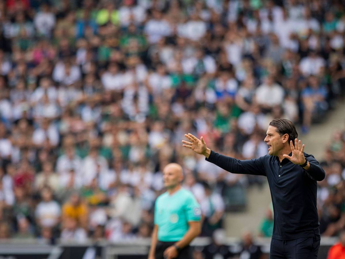 Gerardo Seoane gestikuliert im Spiel von Borussia Mönchengladbach gegen Bayer Leverkusen am 26. August 2023.