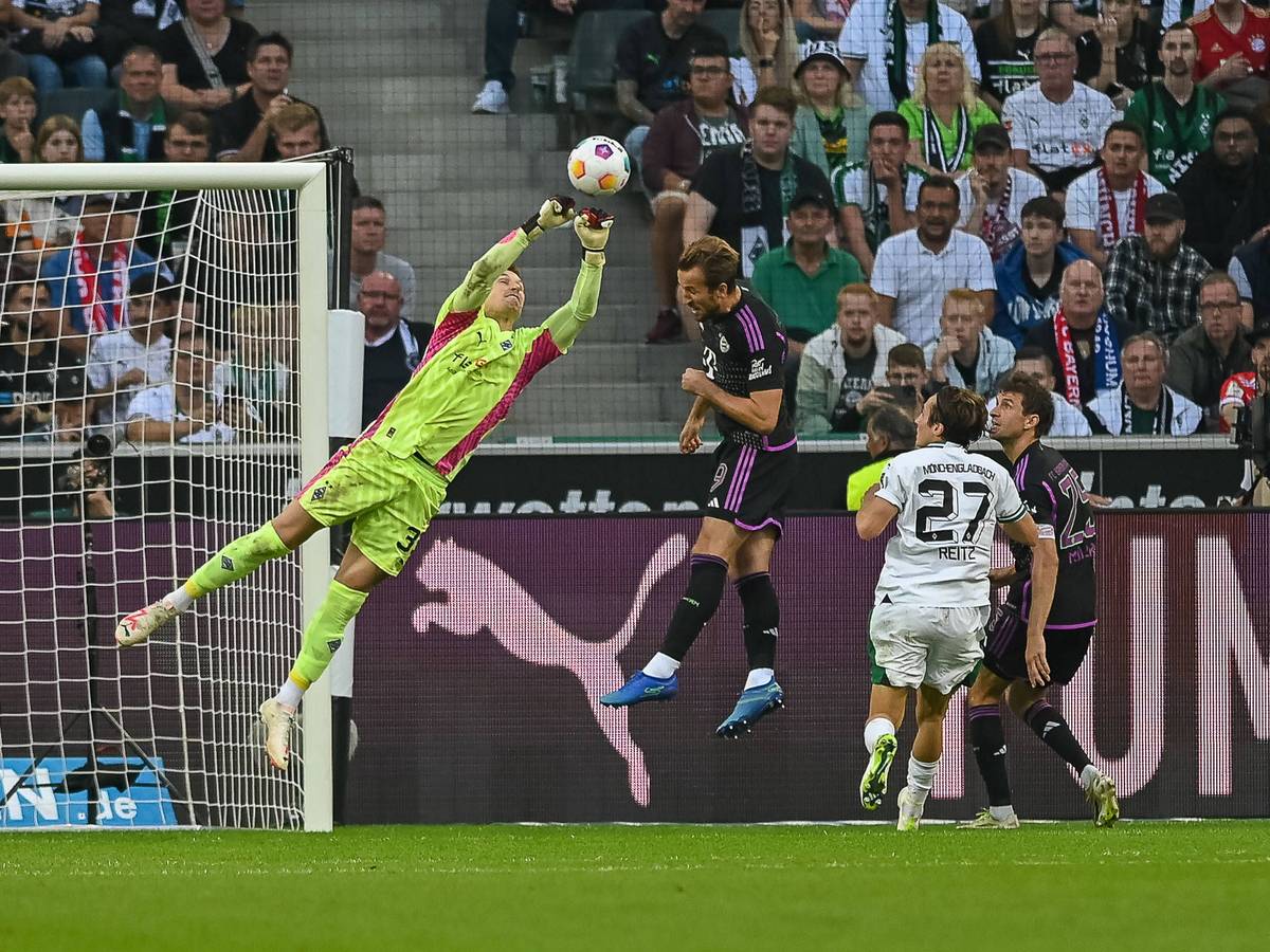 Borussia Mönchengladbach hat am Samstag (2. September 2023) knapp mit 1:2 gegen den FC Bayern München verloren. Das Foto zeigt Keeper Moritz Nicolas bei einer Parade.